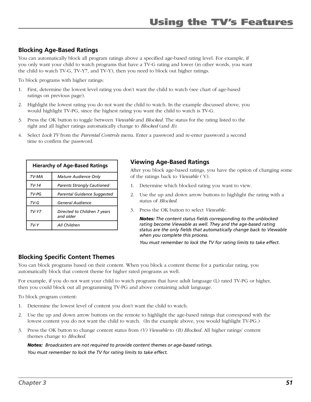 RCA HDLP50W151 manual Blocking Age-Based Ratings, Viewing Age-Based Ratings, Blocking Specific Content Themes 