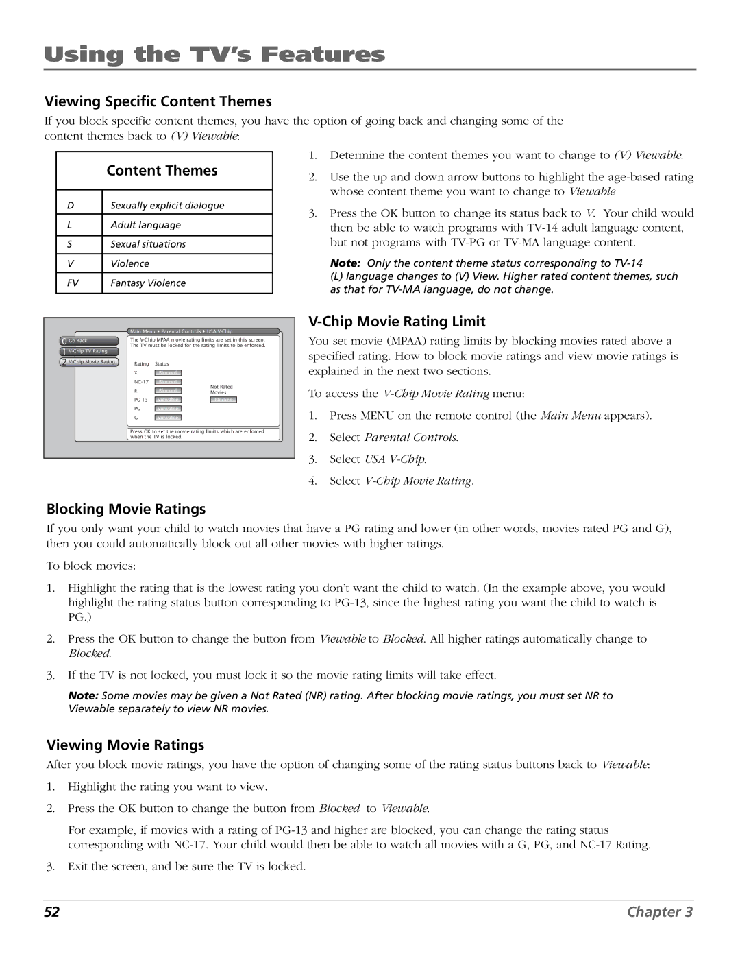 RCA HDLP50W151 Viewing Specific Content Themes, Chip Movie Rating Limit, Blocking Movie Ratings, Viewing Movie Ratings 