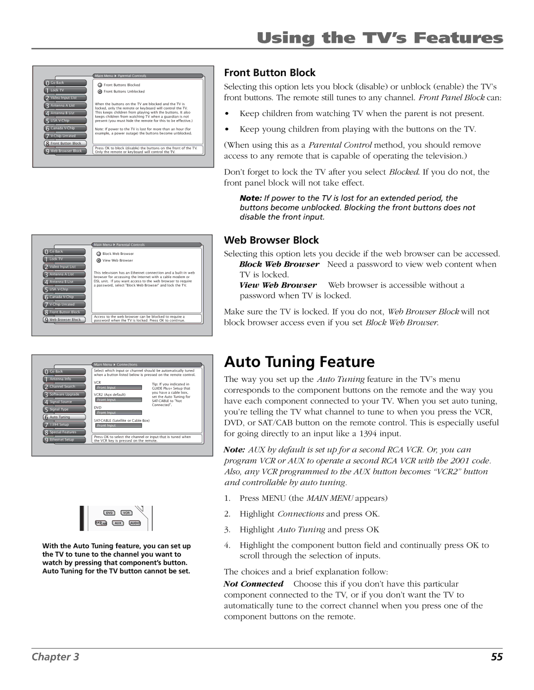 RCA HDLP50W151 manual Auto Tuning Feature, Front Button Block, Web Browser Block 