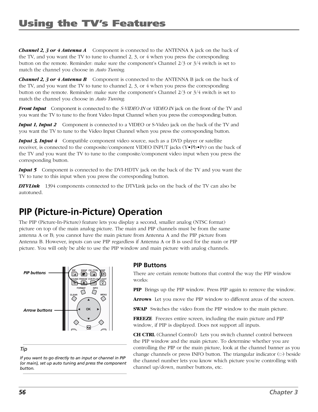 RCA HDLP50W151 manual PIP Picture-in-Picture Operation, PIP Buttons 