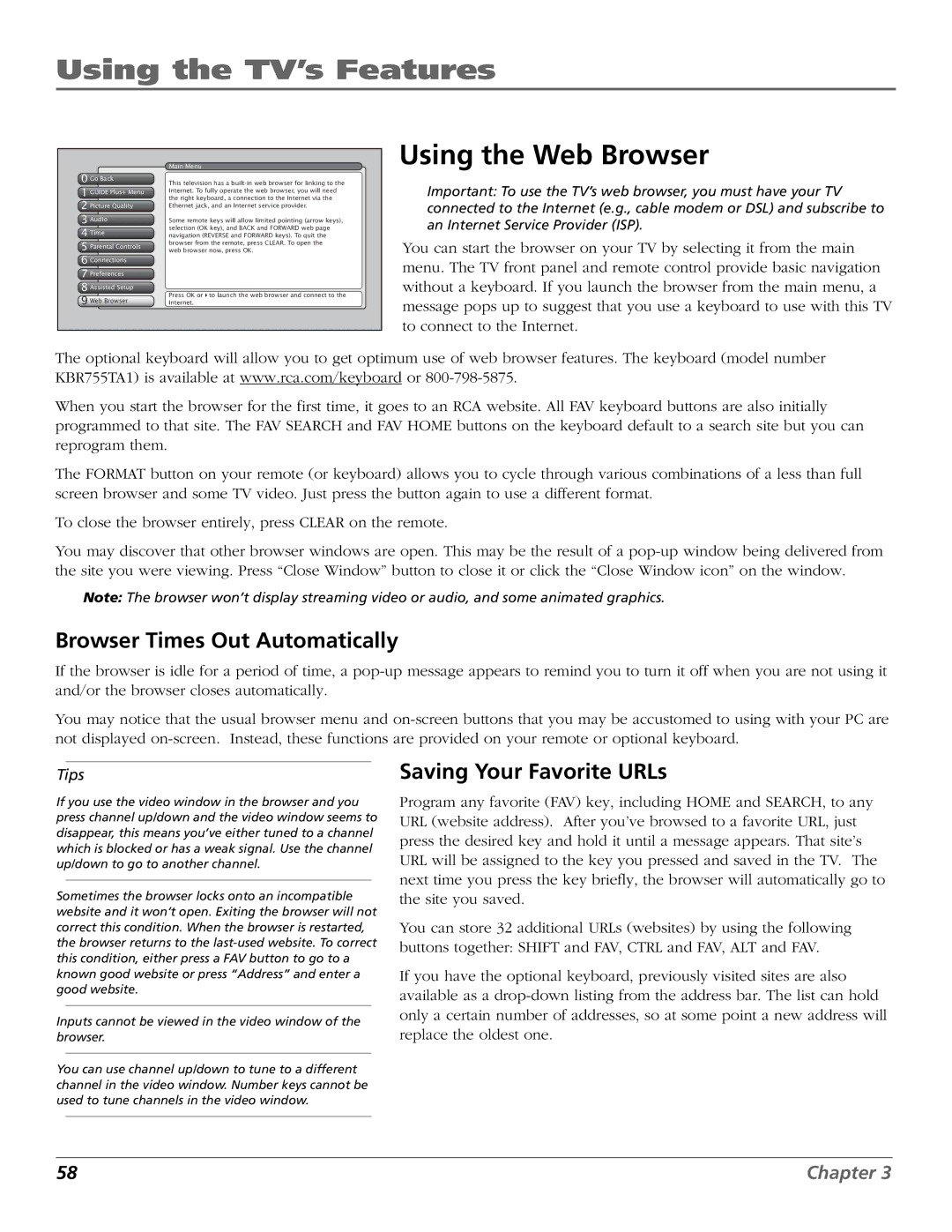 RCA HDLP50W151 manual Using the Web Browser, Browser Times Out Automatically, Saving Your Favorite URLs 
