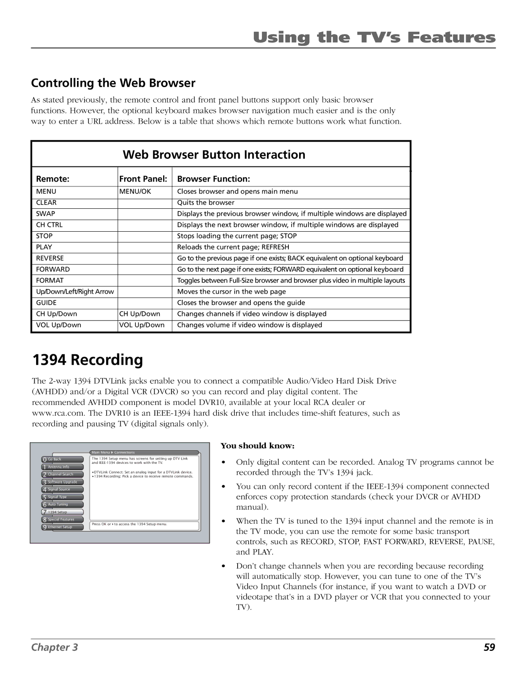 RCA HDLP50W151 Recording, Controlling the Web Browser, Web Browser Button Interaction, Remote Front Panel Browser Function 