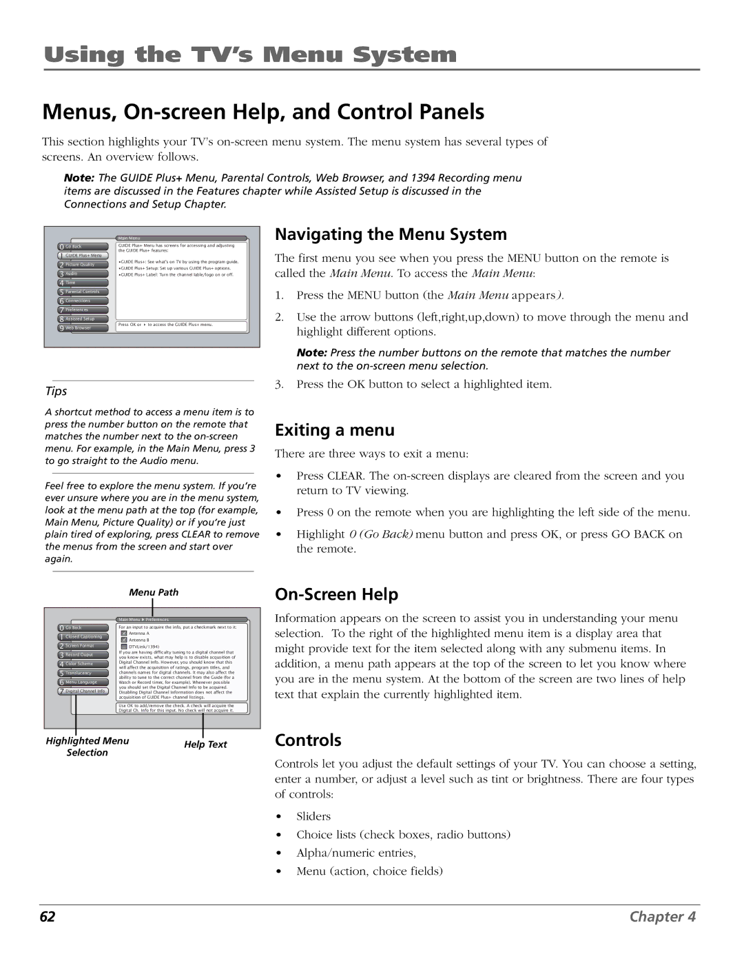 RCA HDLP50W151 manual Using the TV’s Menu System, Menus, On-screen Help, and Control Panels 