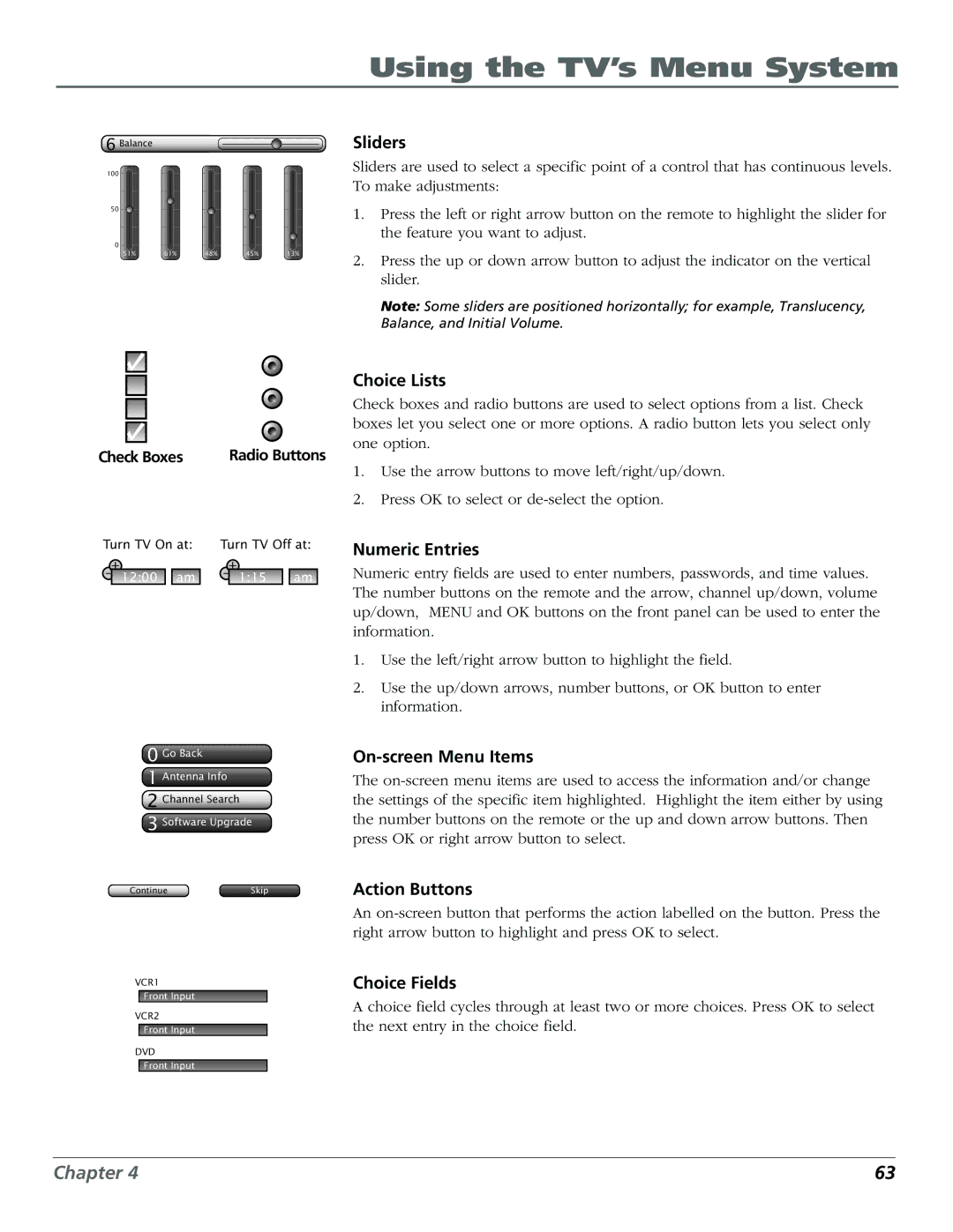 RCA HDLP50W151 manual Sliders, Check Boxes 