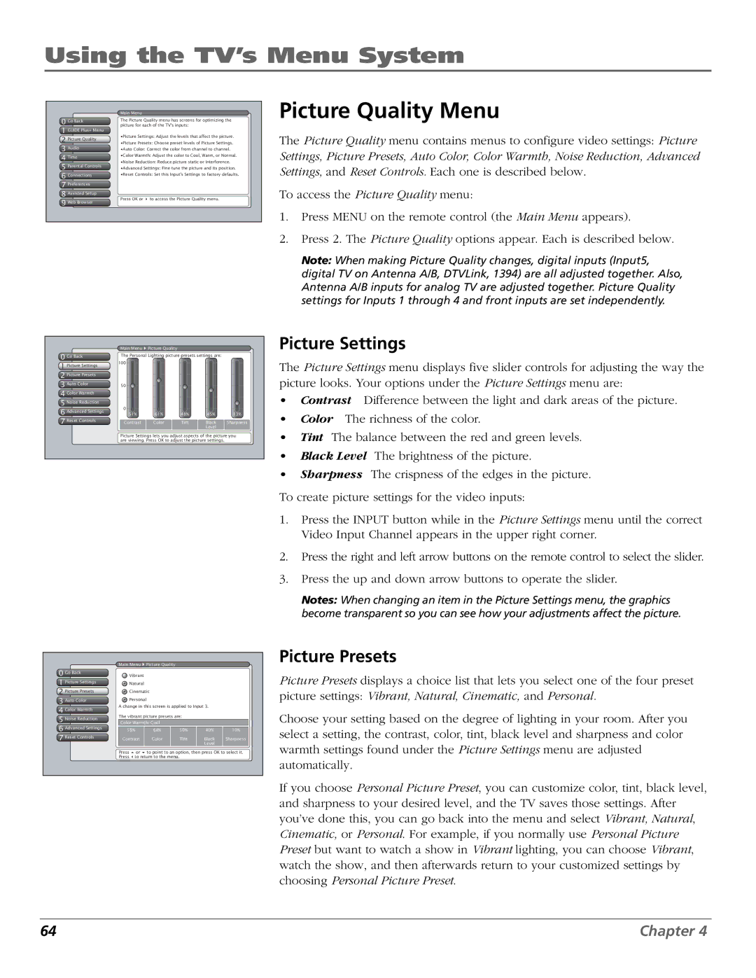 RCA HDLP50W151 manual Picture Quality Menu, Picture Settings, Picture Presets 