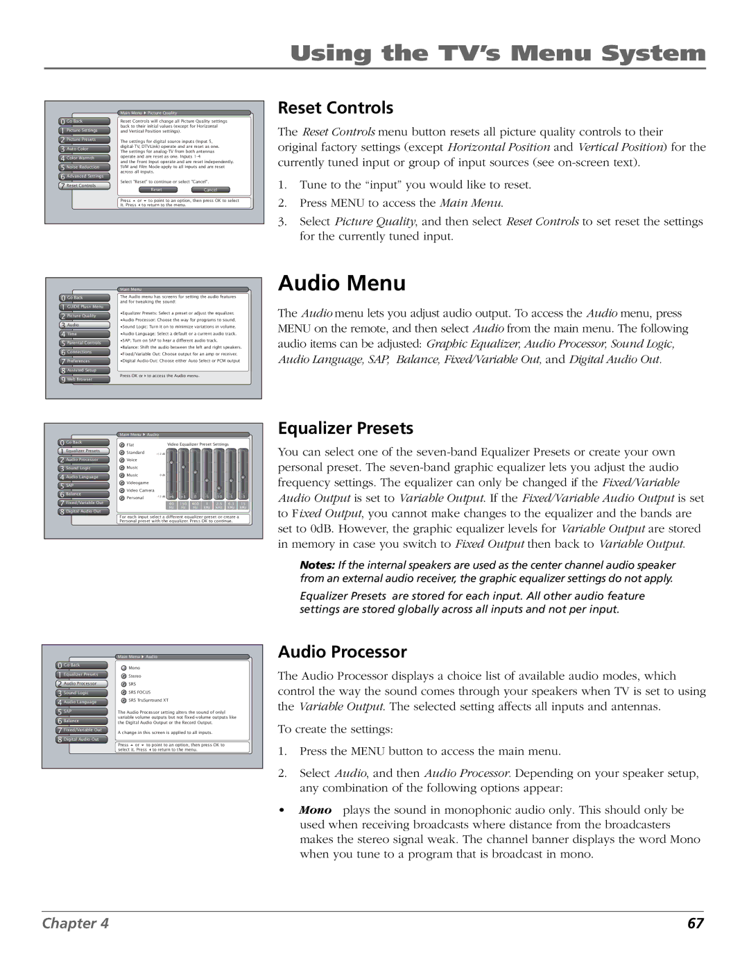 RCA HDLP50W151 manual Audio Menu, Reset Controls, Equalizer Presets, Audio Processor 