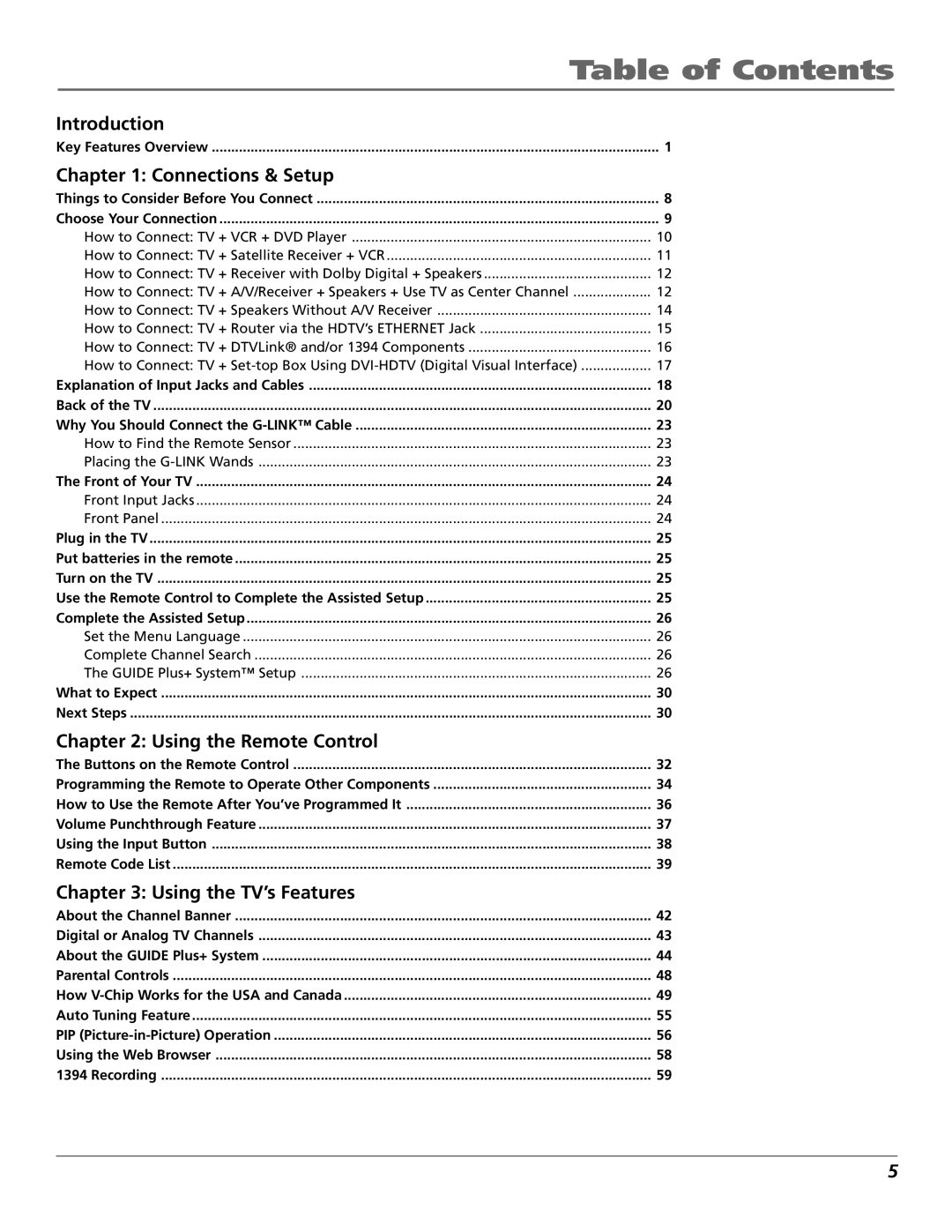 RCA HDLP50W151 manual Table of Contents 