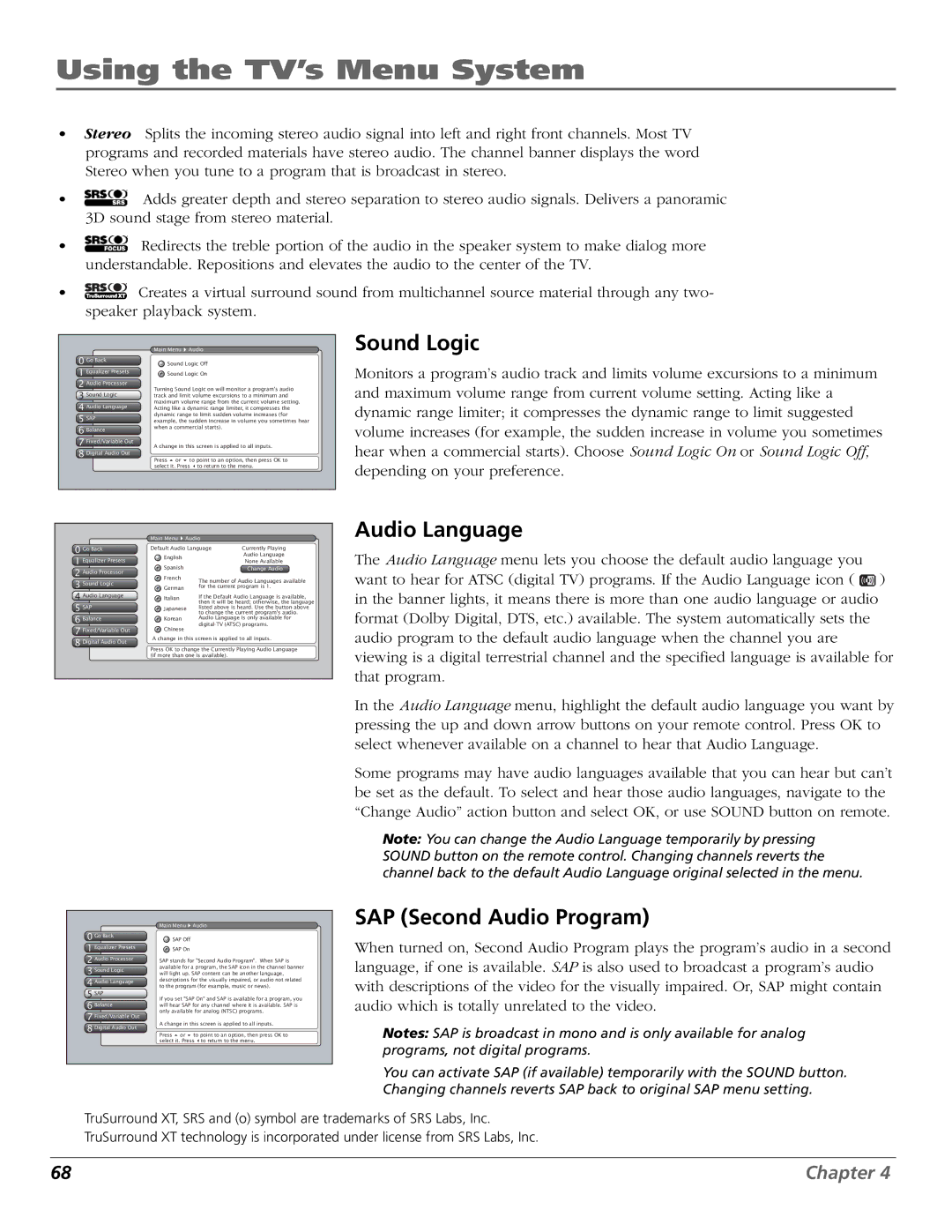 RCA HDLP50W151 manual Sound Logic, Audio Language, SAP Second Audio Program 