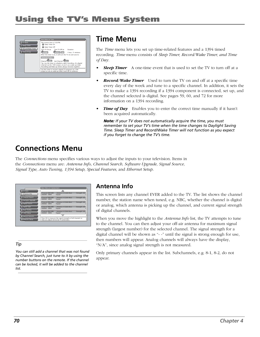 RCA HDLP50W151 manual Time Menu, Connections Menu, Antenna Info 