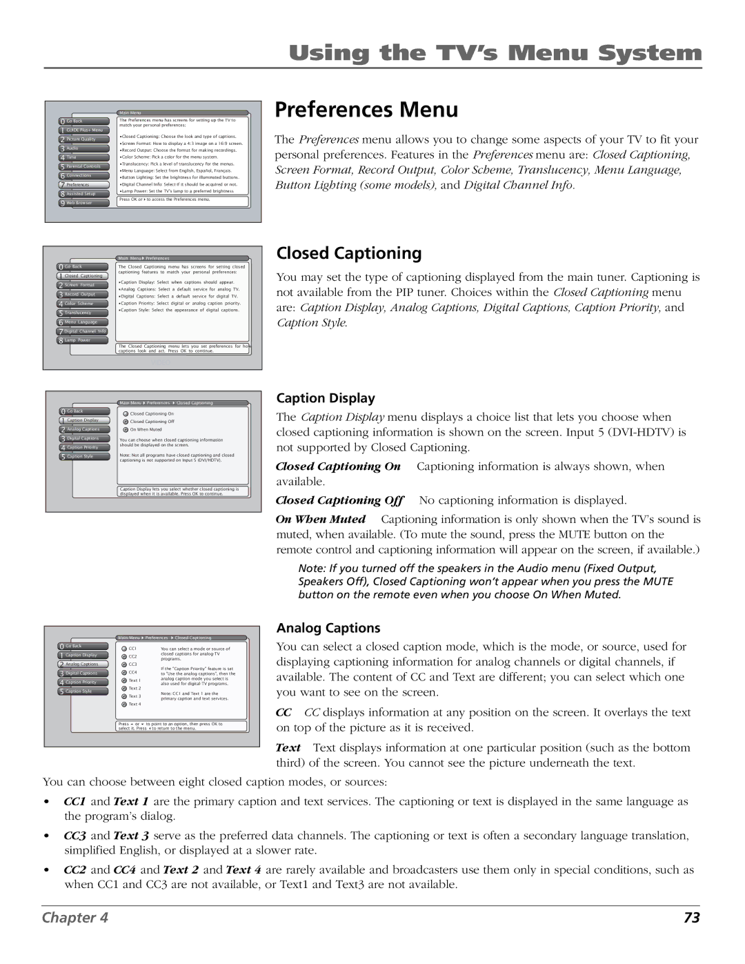 RCA HDLP50W151 manual Preferences Menu, Closed Captioning 