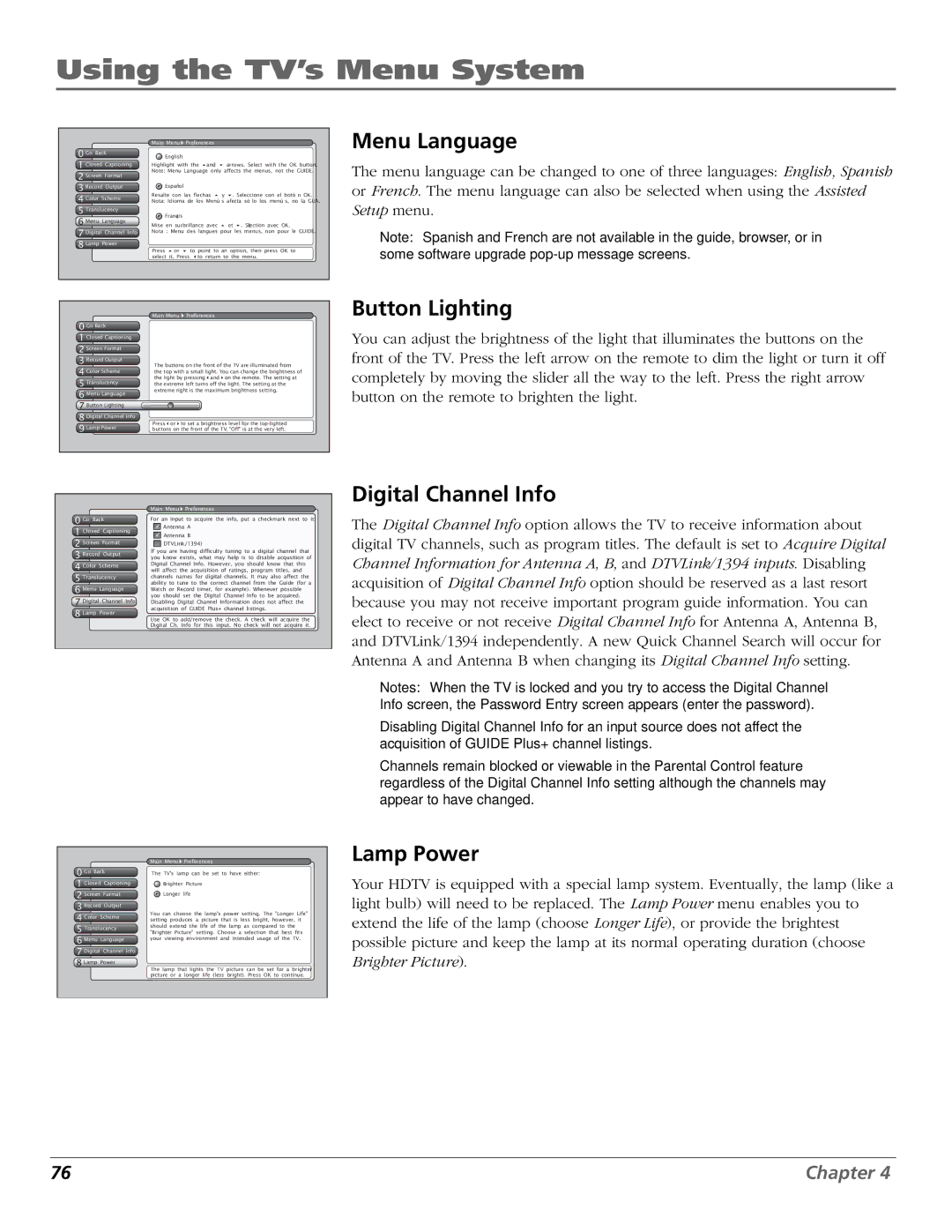 RCA HDLP50W151 manual Menu Language, Lamp Power Main Menu Preferences, Digital Channel Info Lamp Power 