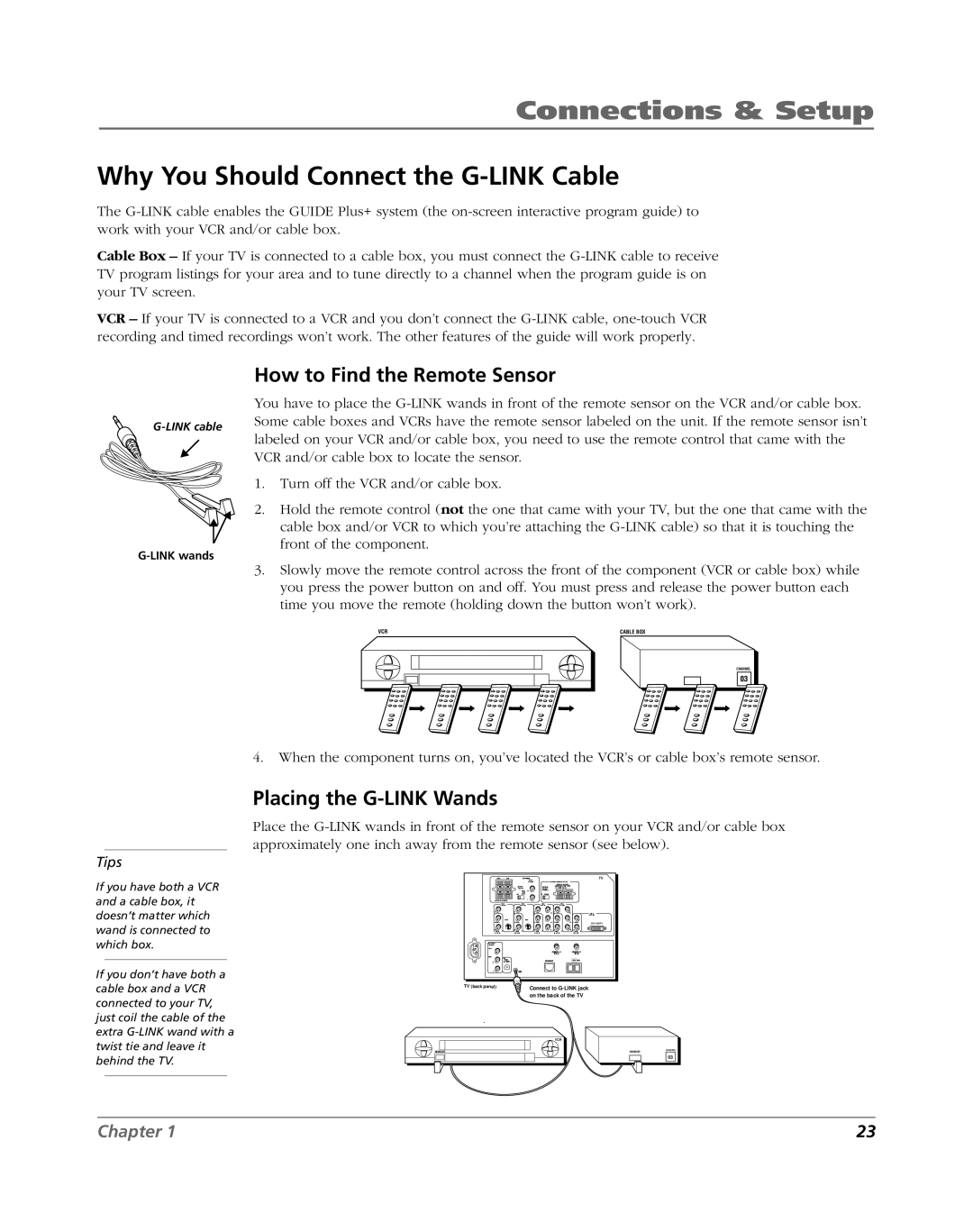 RCA HDLP61 manual Why You Should Connect the G-LINK Cable, How to Find the Remote Sensor, Placing the G-LINK Wands 