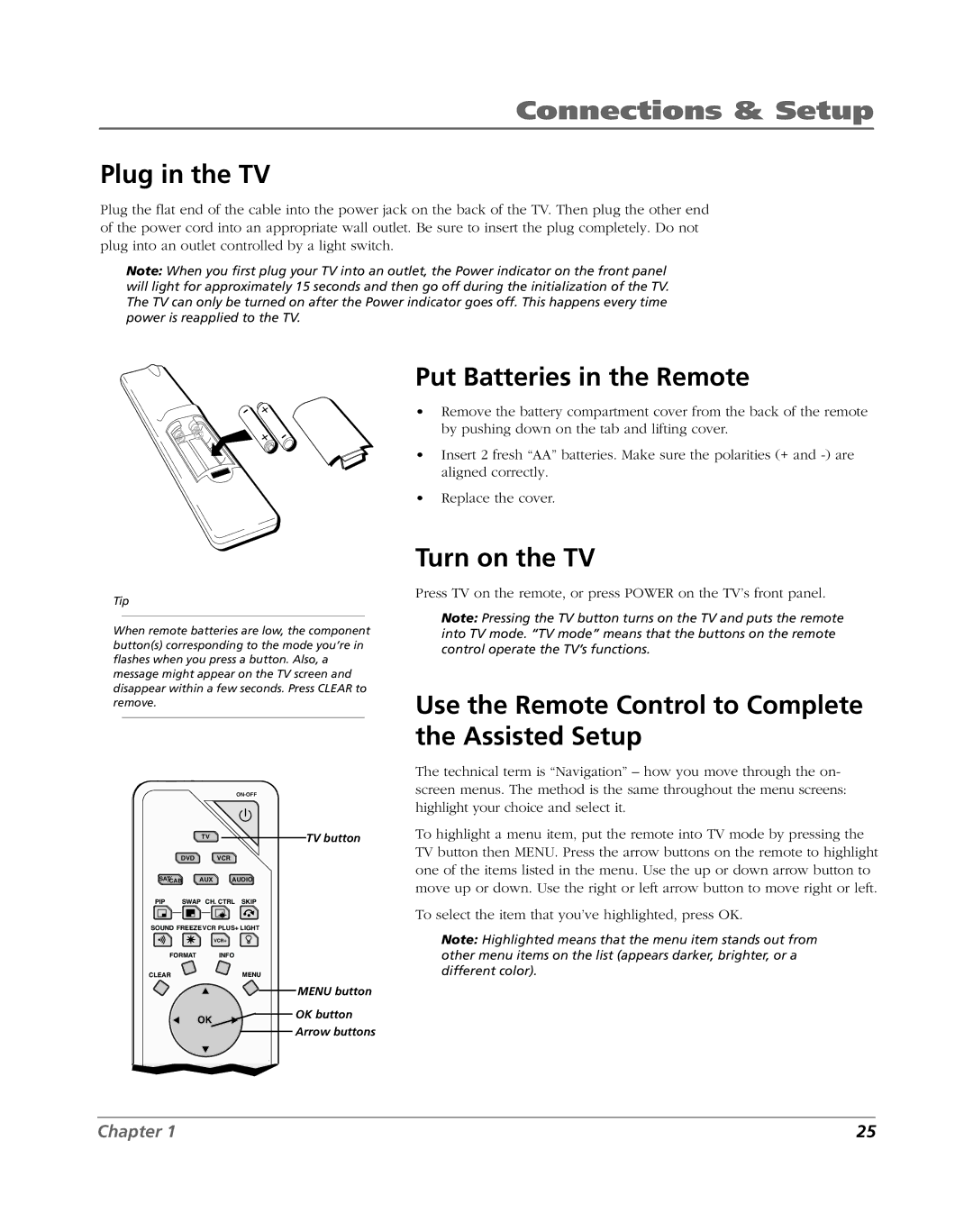 RCA HDLP61 manual Plug in the TV, Put Batteries in the Remote, Turn on the TV 