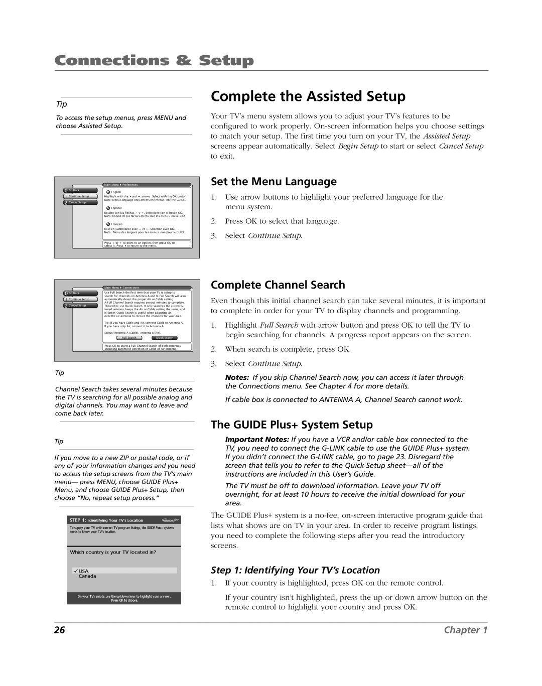 RCA HDLP61 manual Complete the Assisted Setup, Set the Menu Language, Complete Channel Search, Guide Plus+ System Setup 