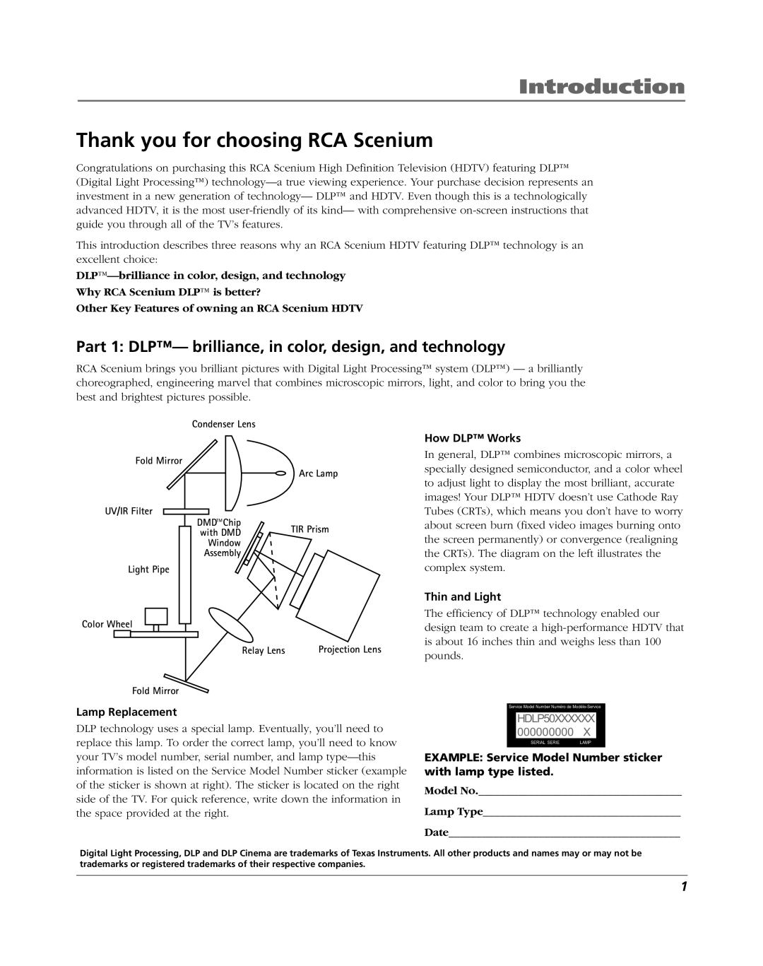 RCA HDLP61 Introduction, Thank you for choosing RCA Scenium, Part 1 DLP- brilliance, in color, design, and technology 