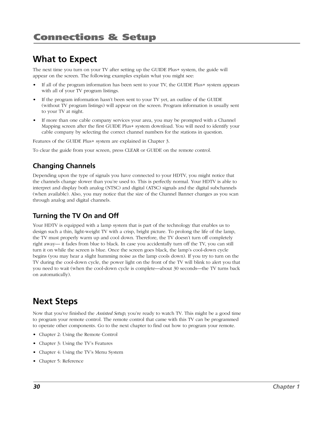 RCA HDLP61 manual What to Expect, Next Steps, Changing Channels, Turning the TV On and Off 