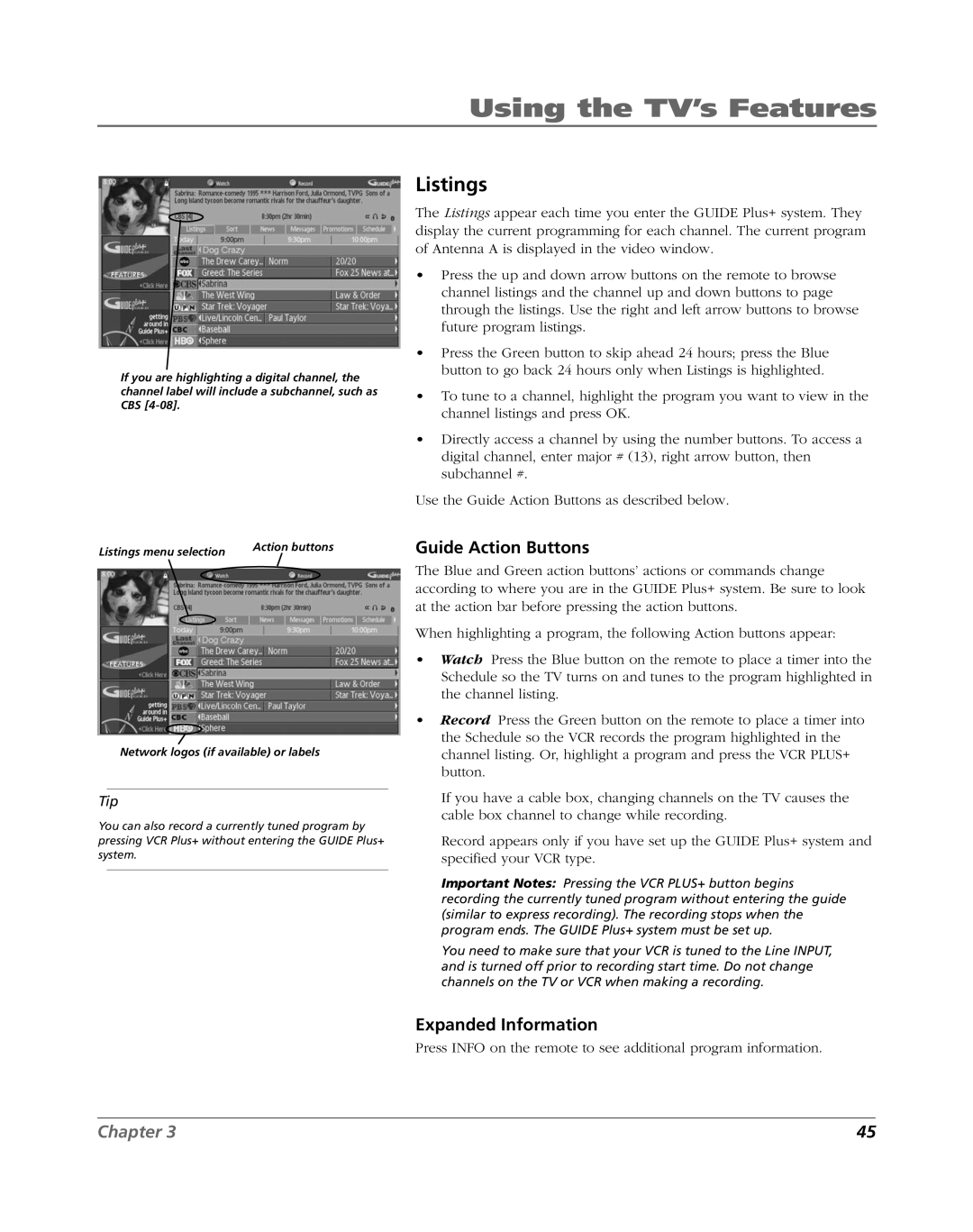 RCA HDLP61 manual Listings, Guide Action Buttons, Expanded Information 