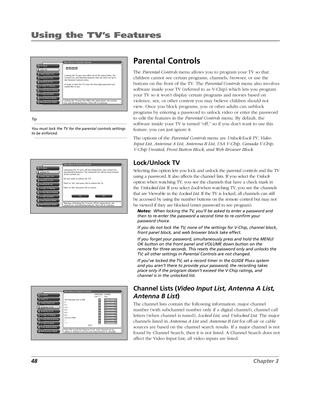 RCA HDLP61 manual Parental Controls, Lock/Unlock TV 