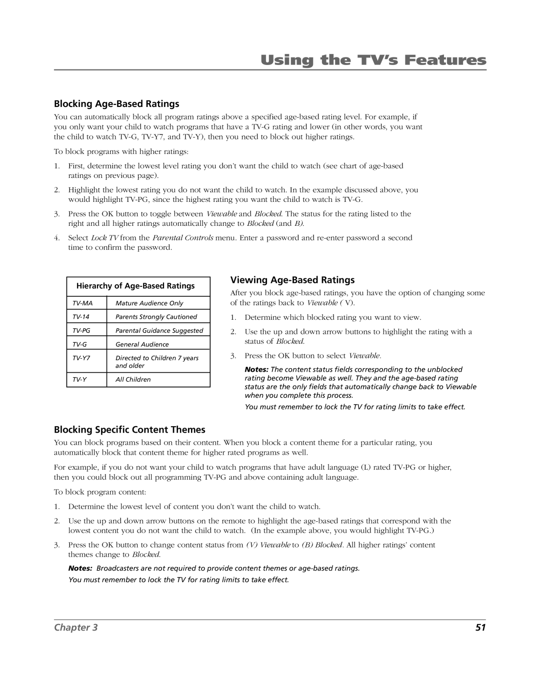 RCA HDLP61 manual Blocking Age-Based Ratings, Viewing Age-Based Ratings, Blocking Specific Content Themes 