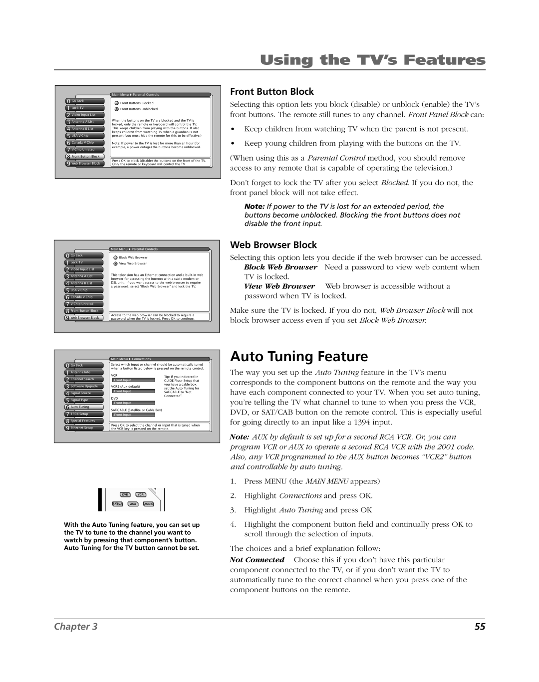 RCA HDLP61 manual Auto Tuning Feature, Front Button Block, Web Browser Block 