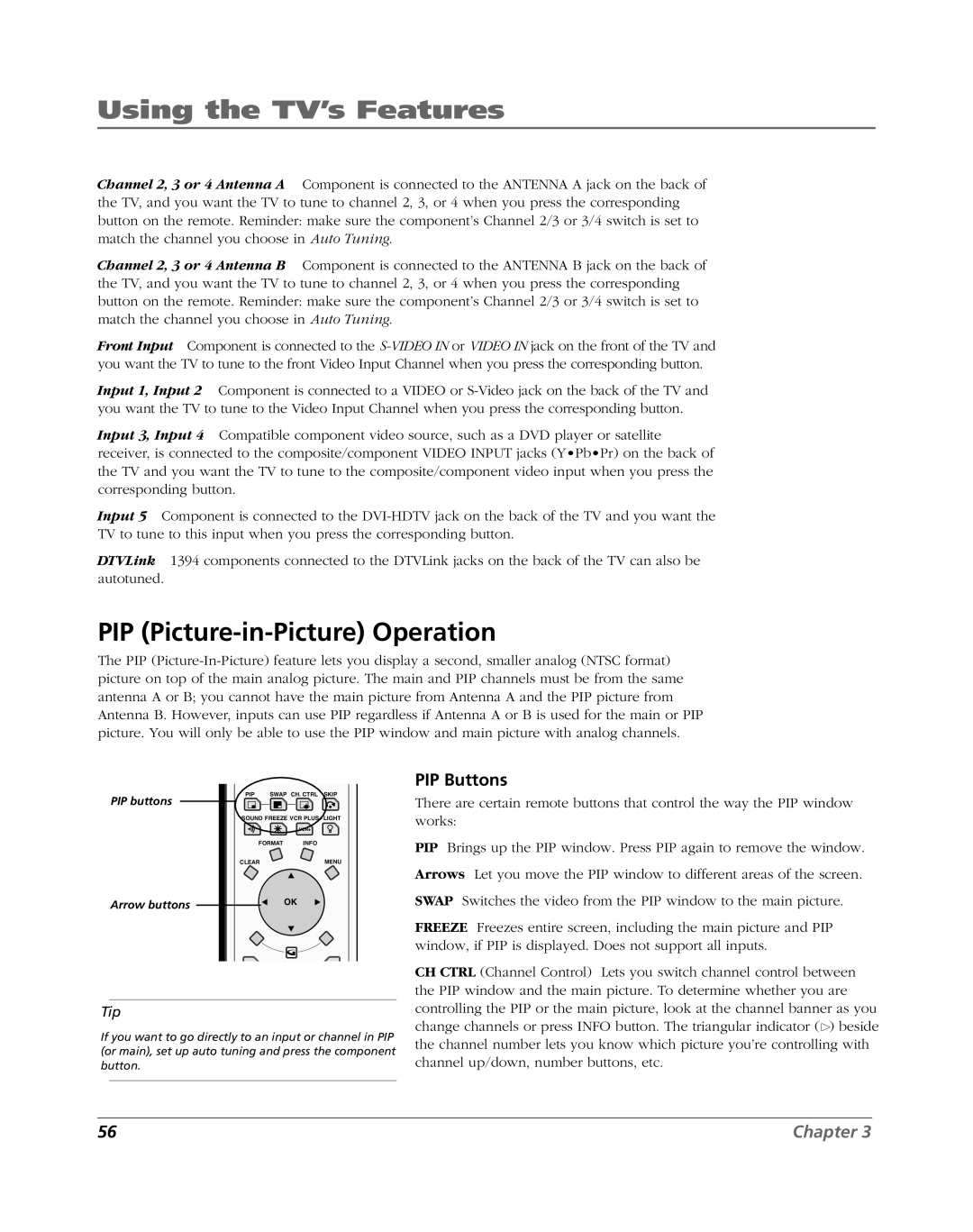 RCA HDLP61 manual PIP Picture-in-Picture Operation, PIP Buttons 