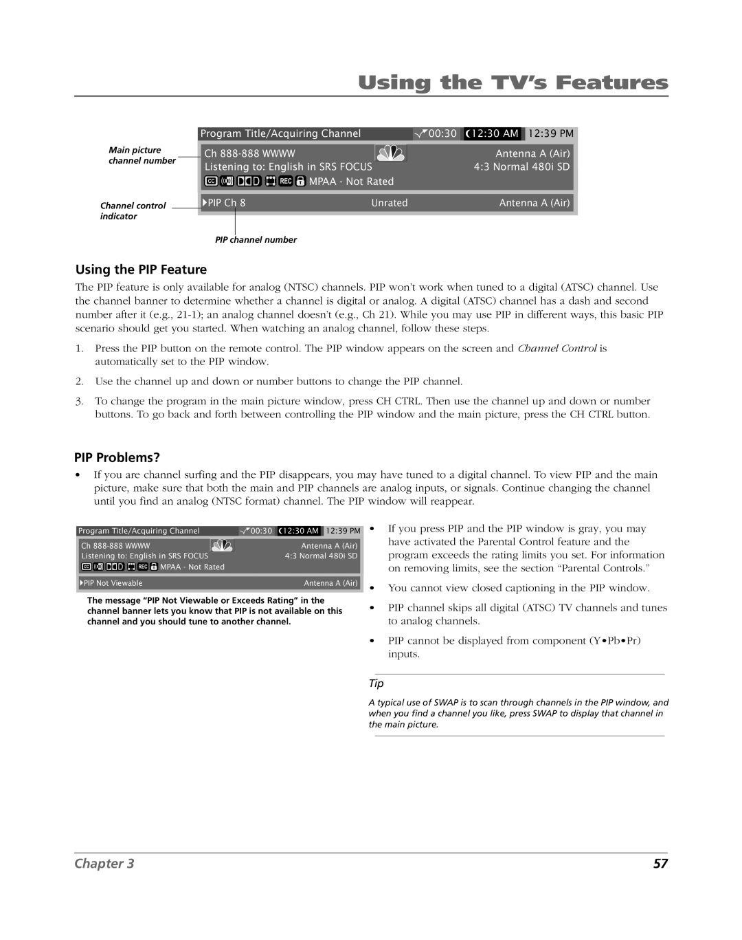 RCA HDLP61 manual Using the PIP Feature, PIP Problems? 