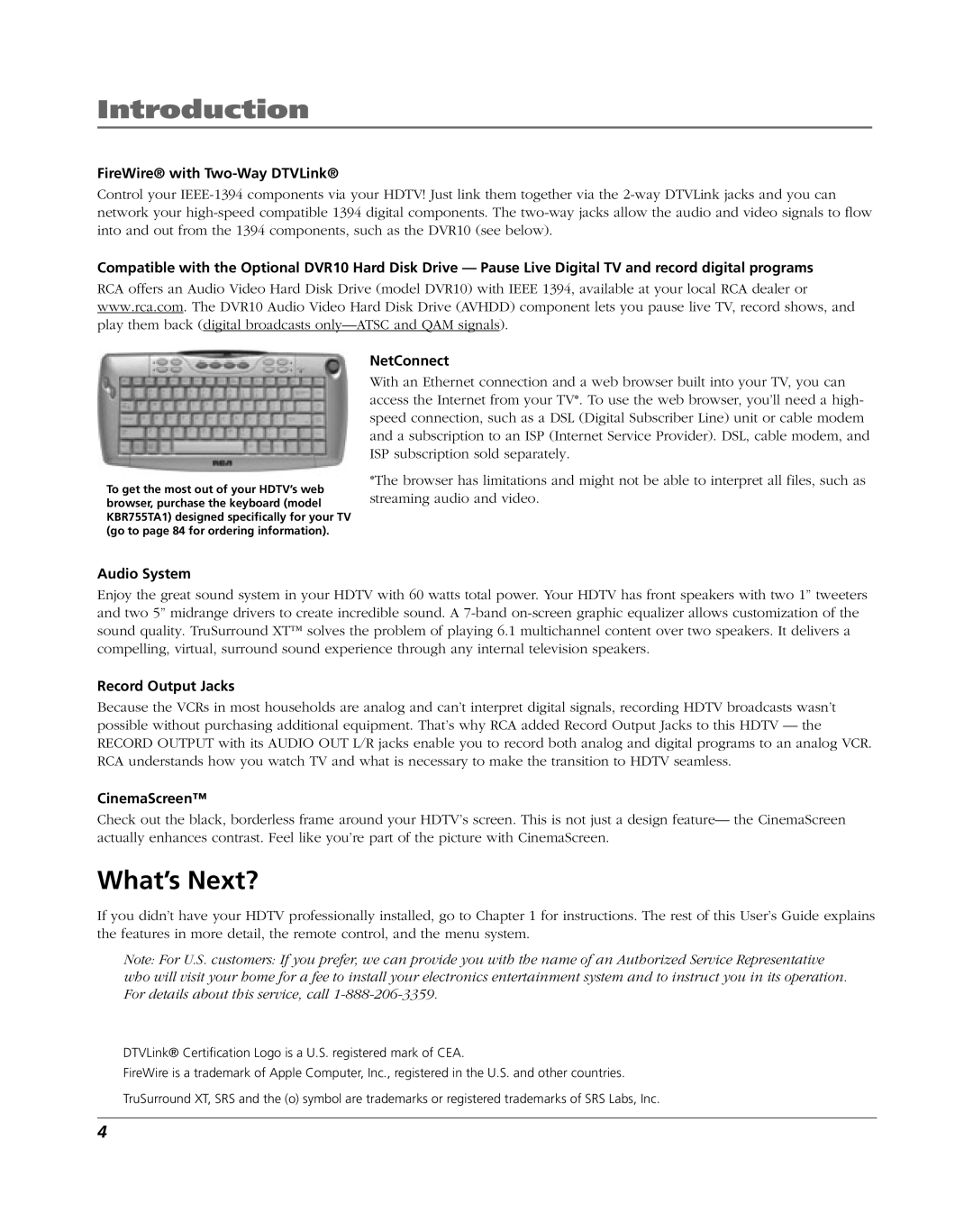 RCA HDLP61 manual What’s Next?, FireWire with Two-Way DTVLink, Audio System NetConnect, Record Output Jacks, CinemaScreen 