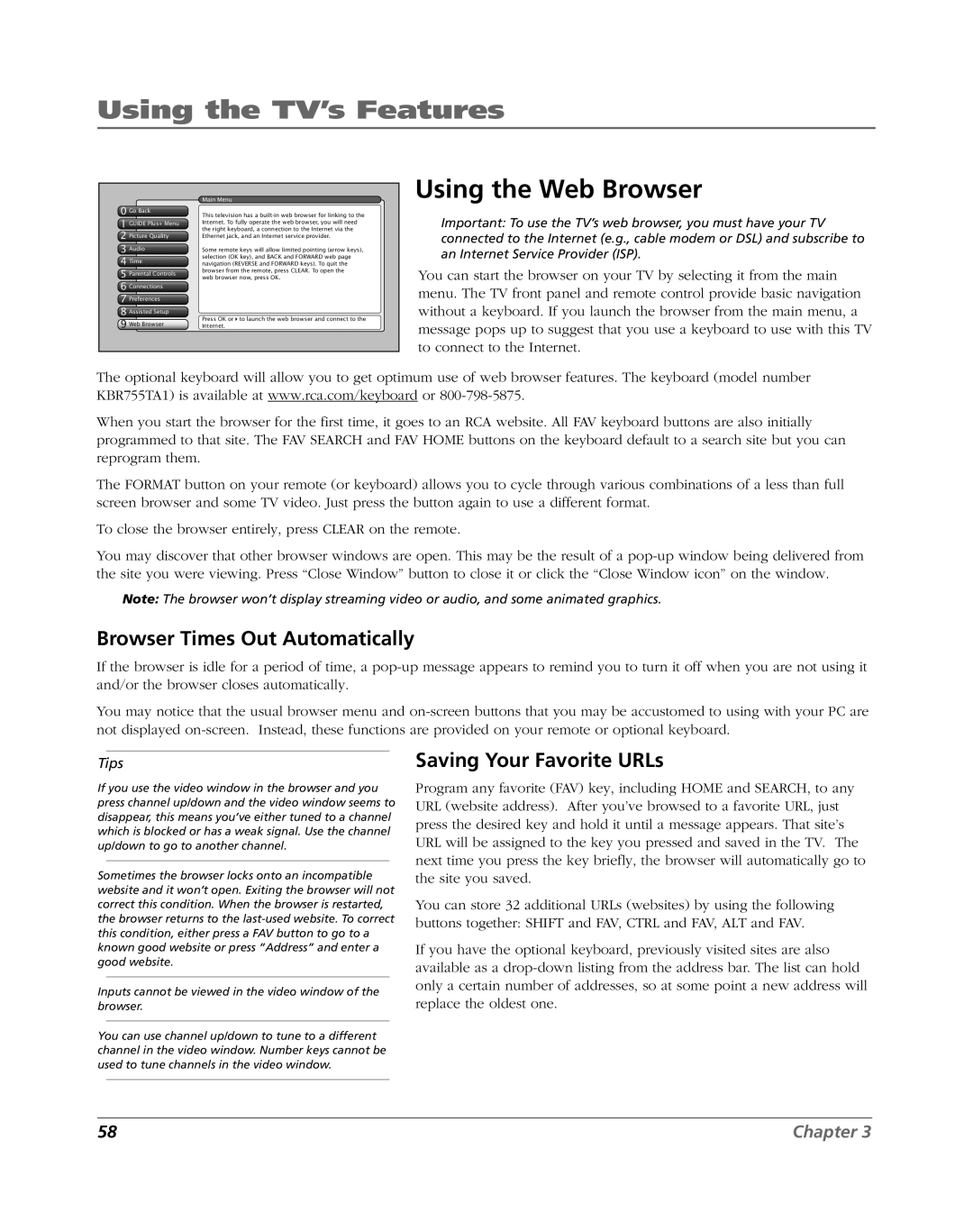 RCA HDLP61 manual Using the Web Browser, Browser Times Out Automatically, Saving Your Favorite URLs 