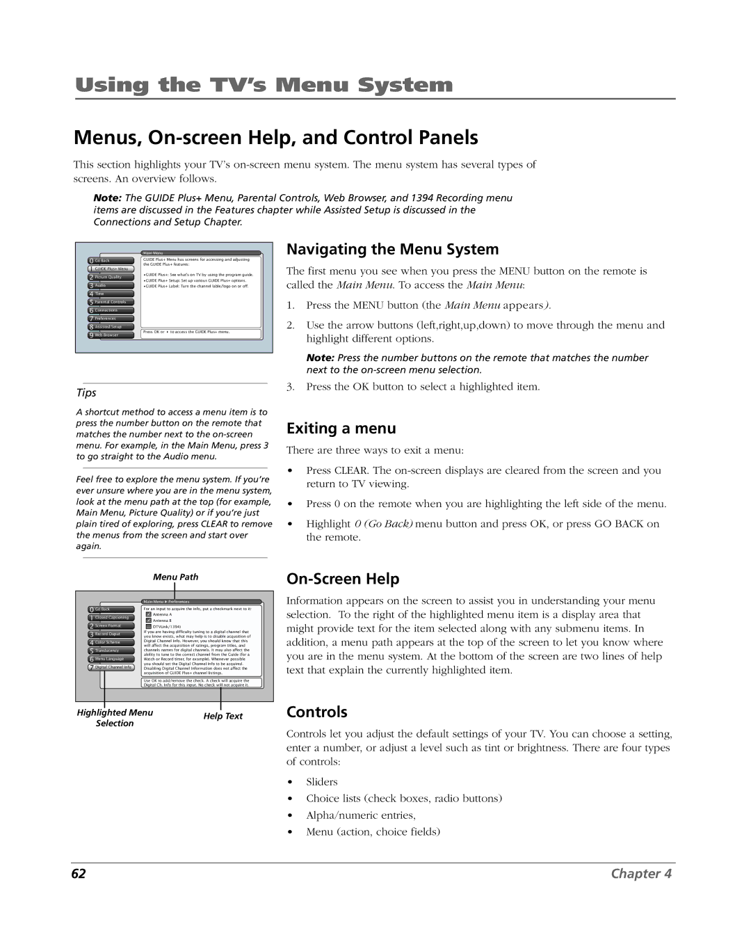 RCA HDLP61 manual Using the TV’s Menu System, Menus, On-screen Help, and Control Panels 