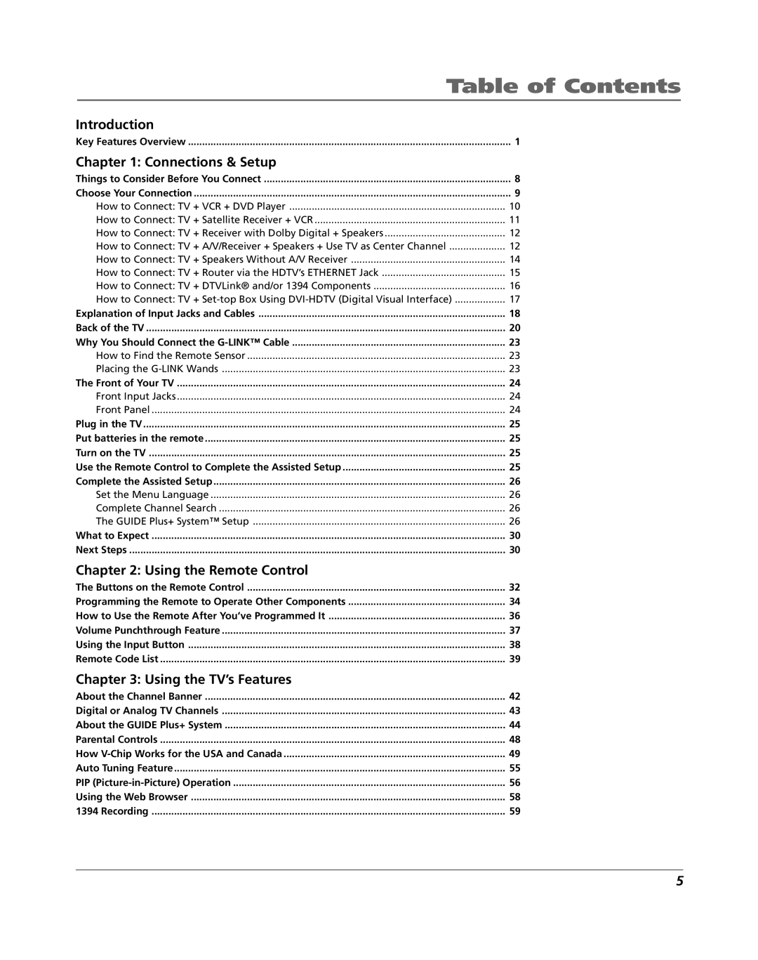 RCA HDLP61 manual Table of Contents 