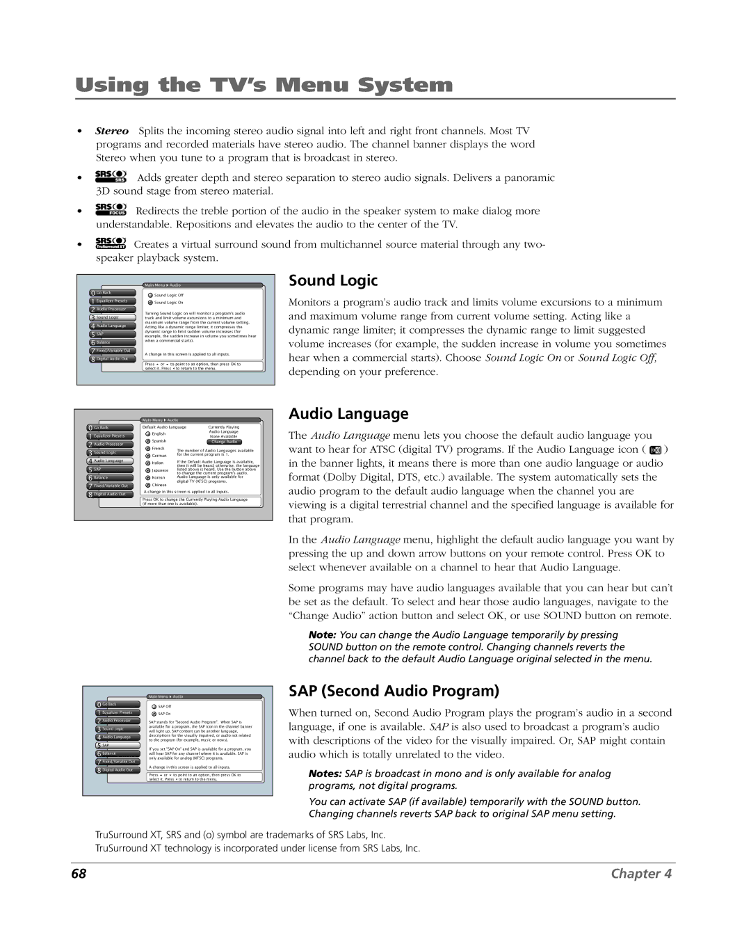 RCA HDLP61 manual Sound Logic, Audio Language, SAP Second Audio Program 