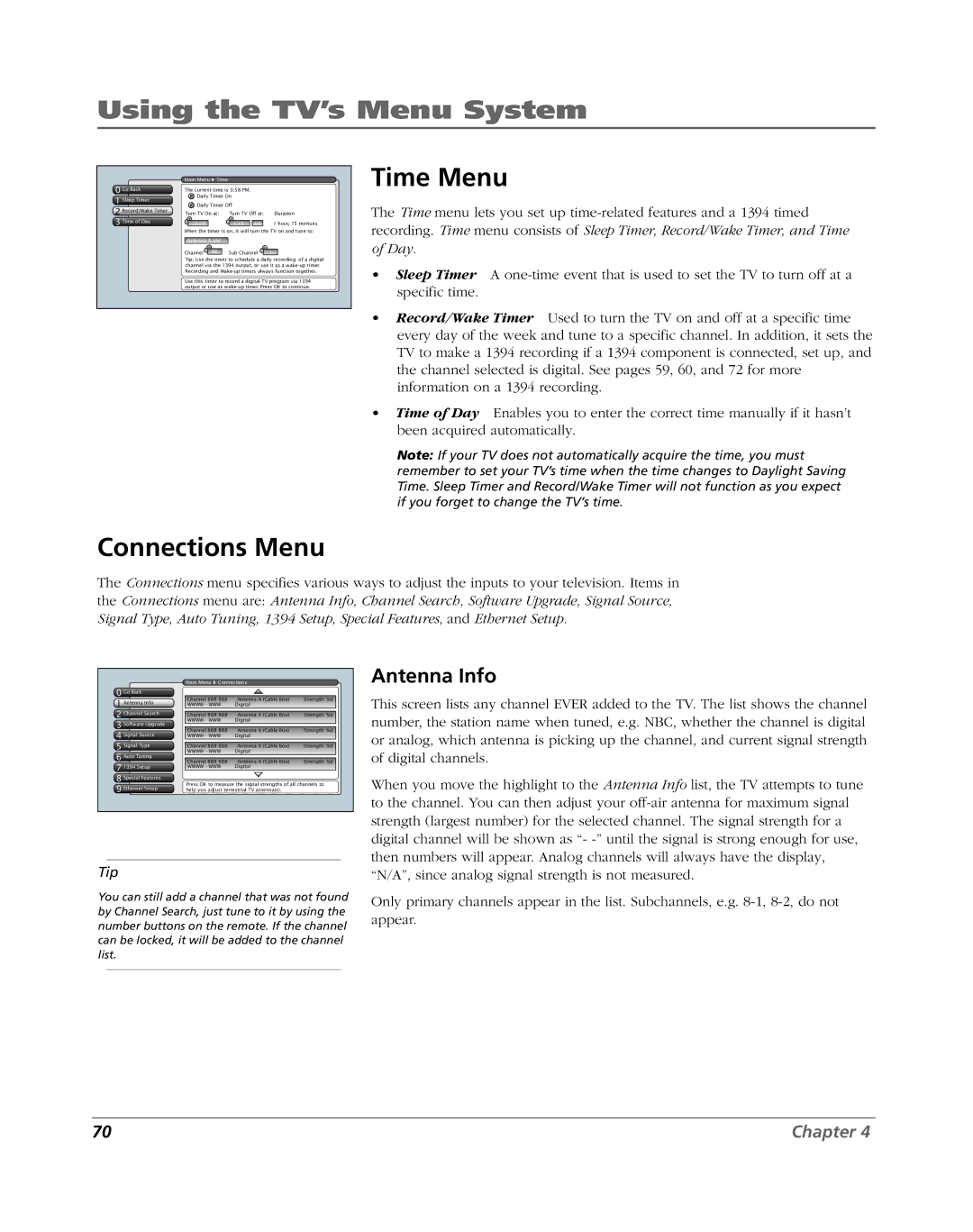 RCA HDLP61 manual Time Menu, Connections Menu, Antenna Info 