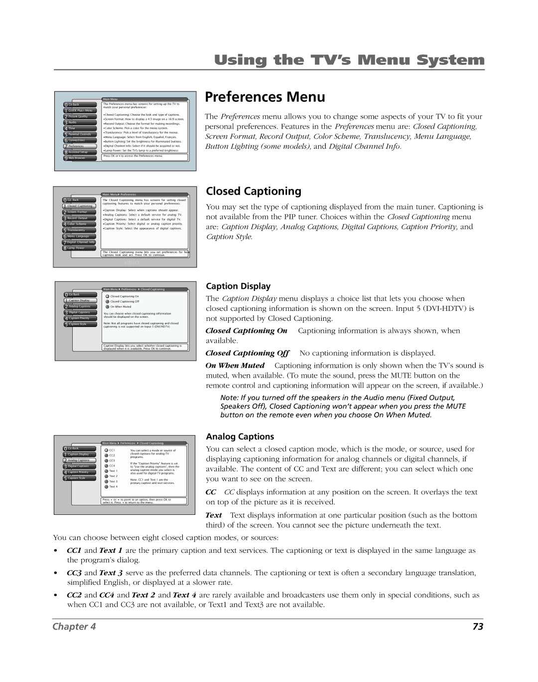 RCA HDLP61 manual Preferences Menu, Closed Captioning 