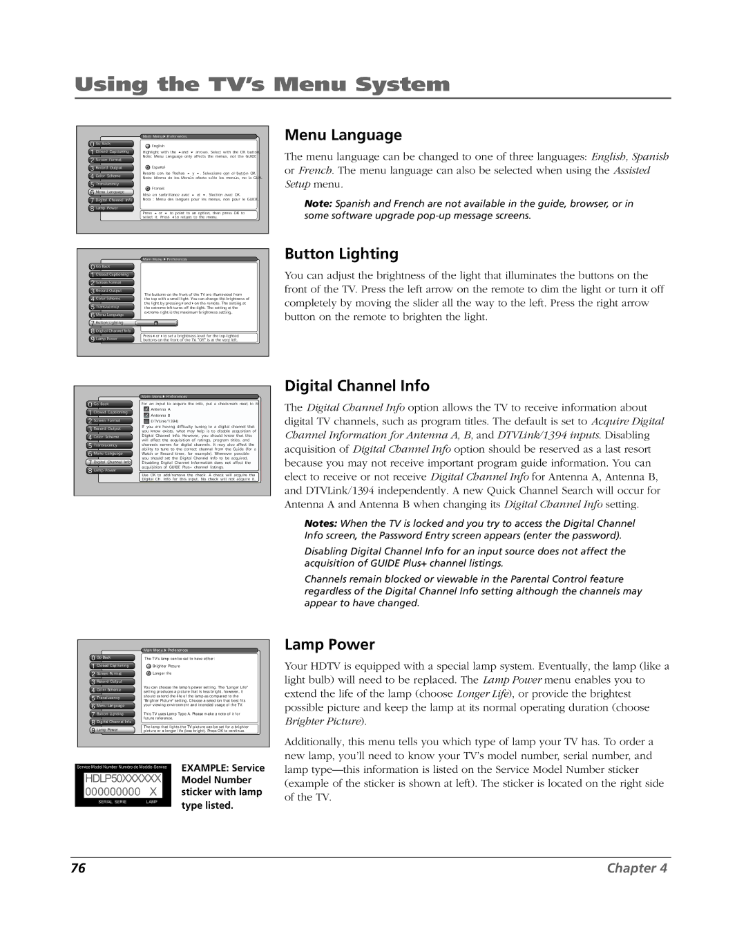 RCA HDLP61 manual Menu Language, Lamp Power Main Menu Preferences, Digital Channel Info Lamp Power 