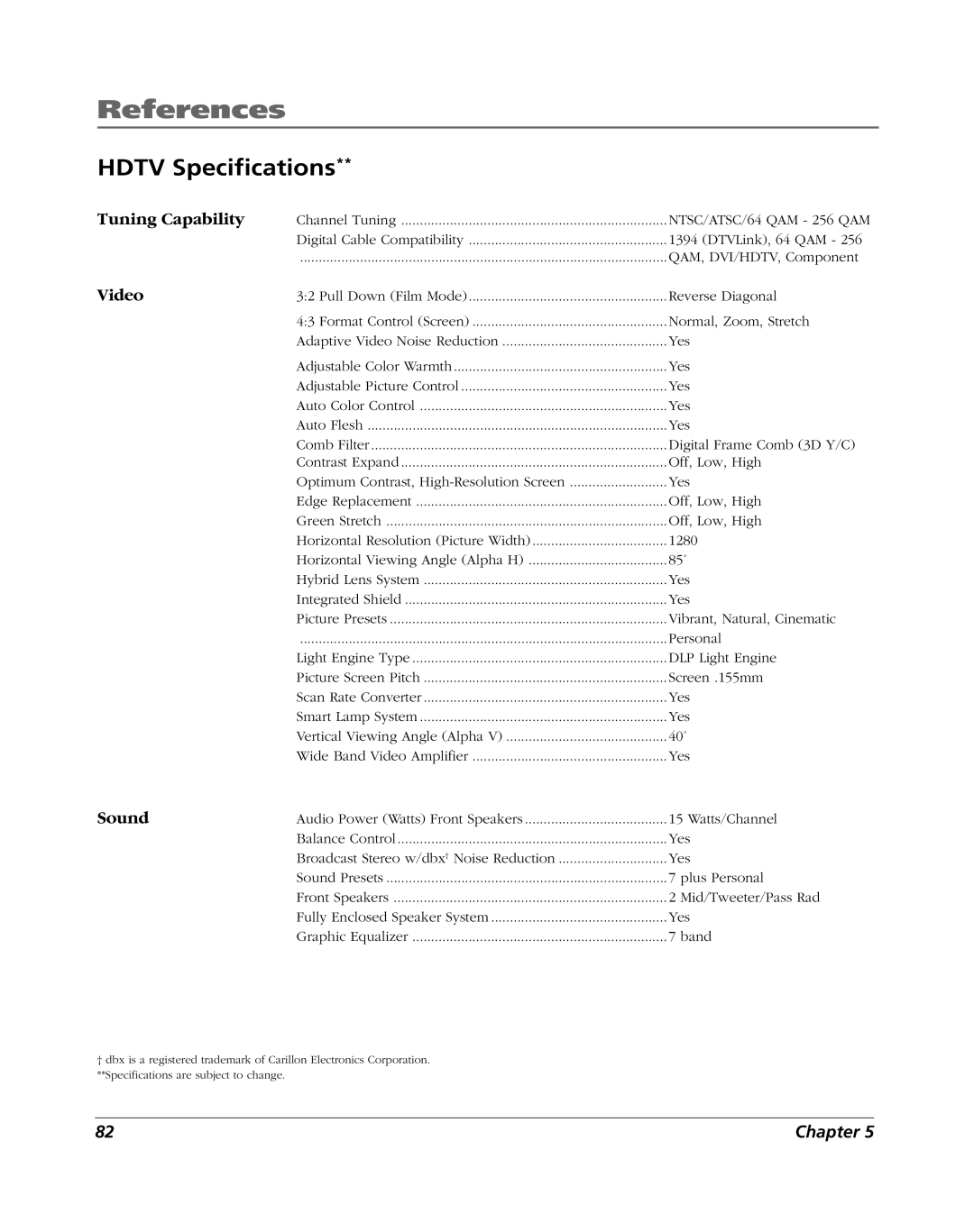 RCA HDLP61 manual Hdtv Specifications 