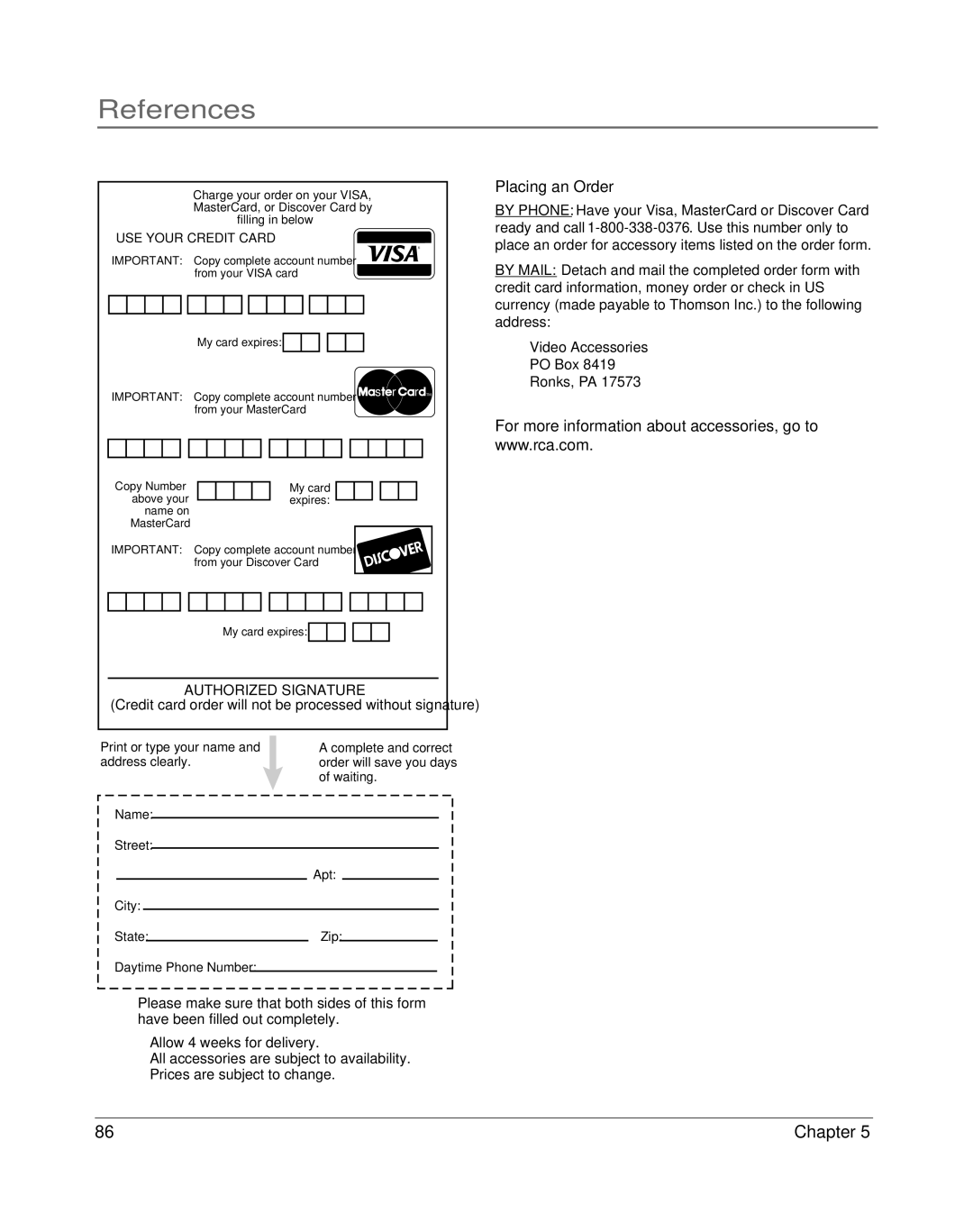 RCA HDLP61 manual Placing an Order, Video Accessories PO Box Ronks, PA 