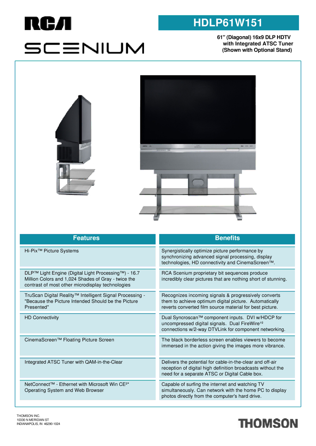 RCA HDLP61W151 manual Thomson INC Meridian ST INDIANAPOLIS 