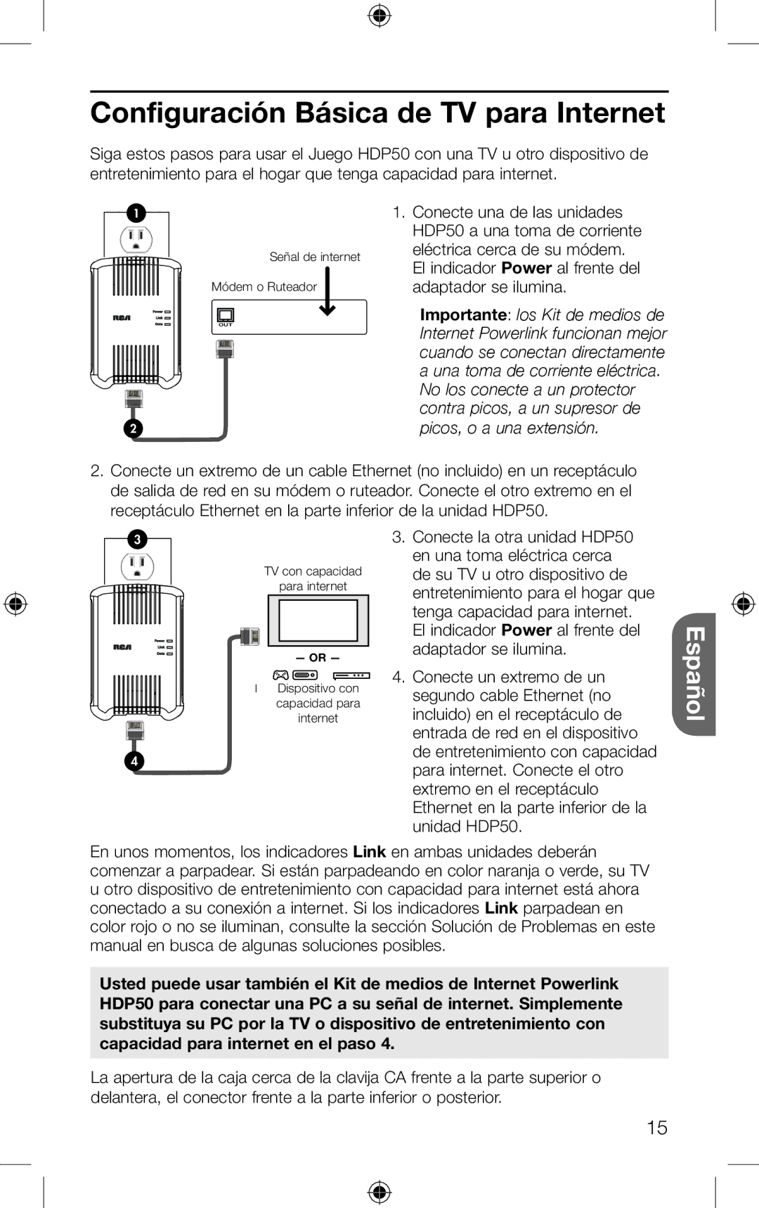 RCA HDP50 setup guide Configuración Básica de TV para Internet, Picos, o a una extensión 