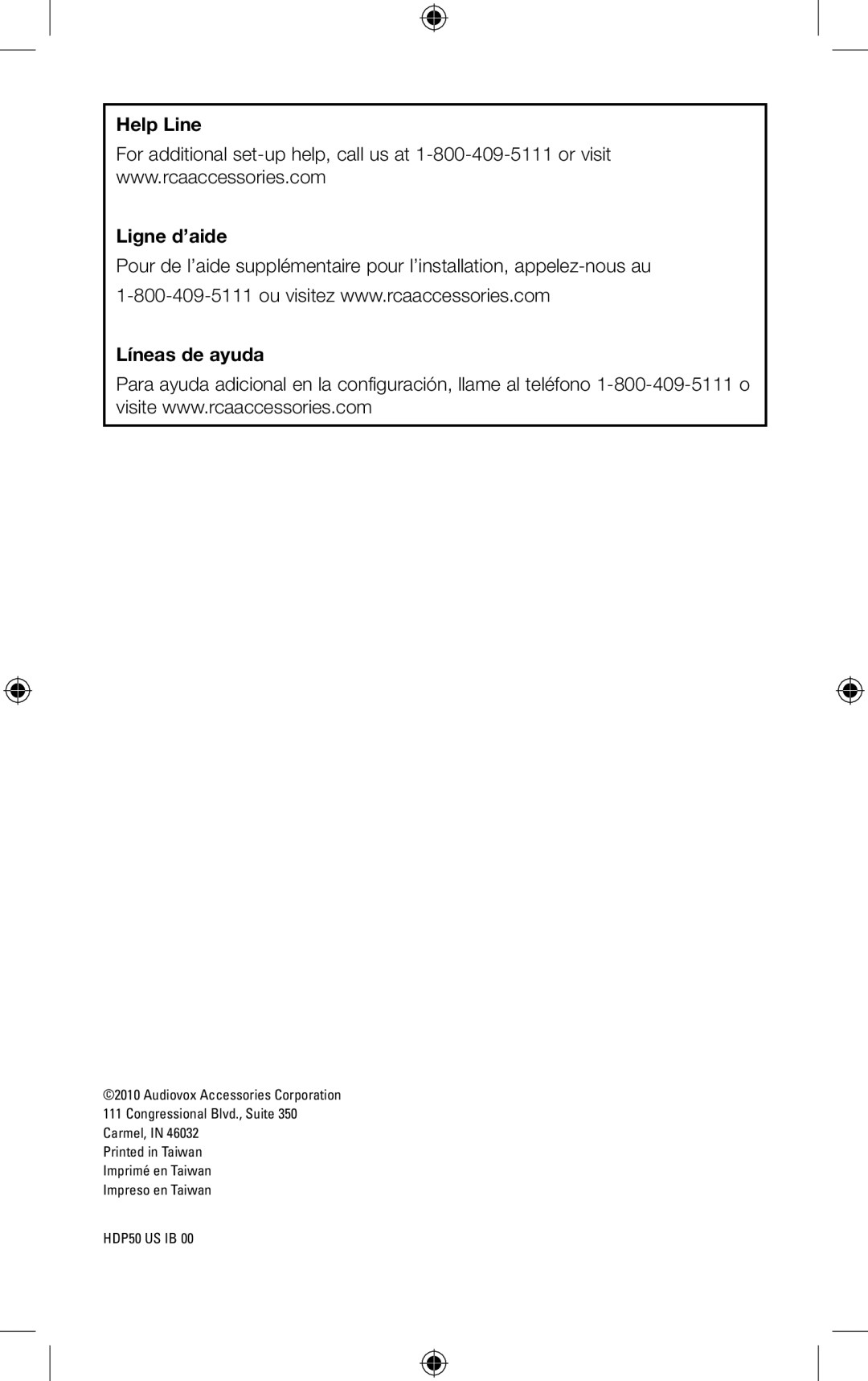 RCA HDP50 setup guide Help Line Ligne d’aide Líneas de ayuda 