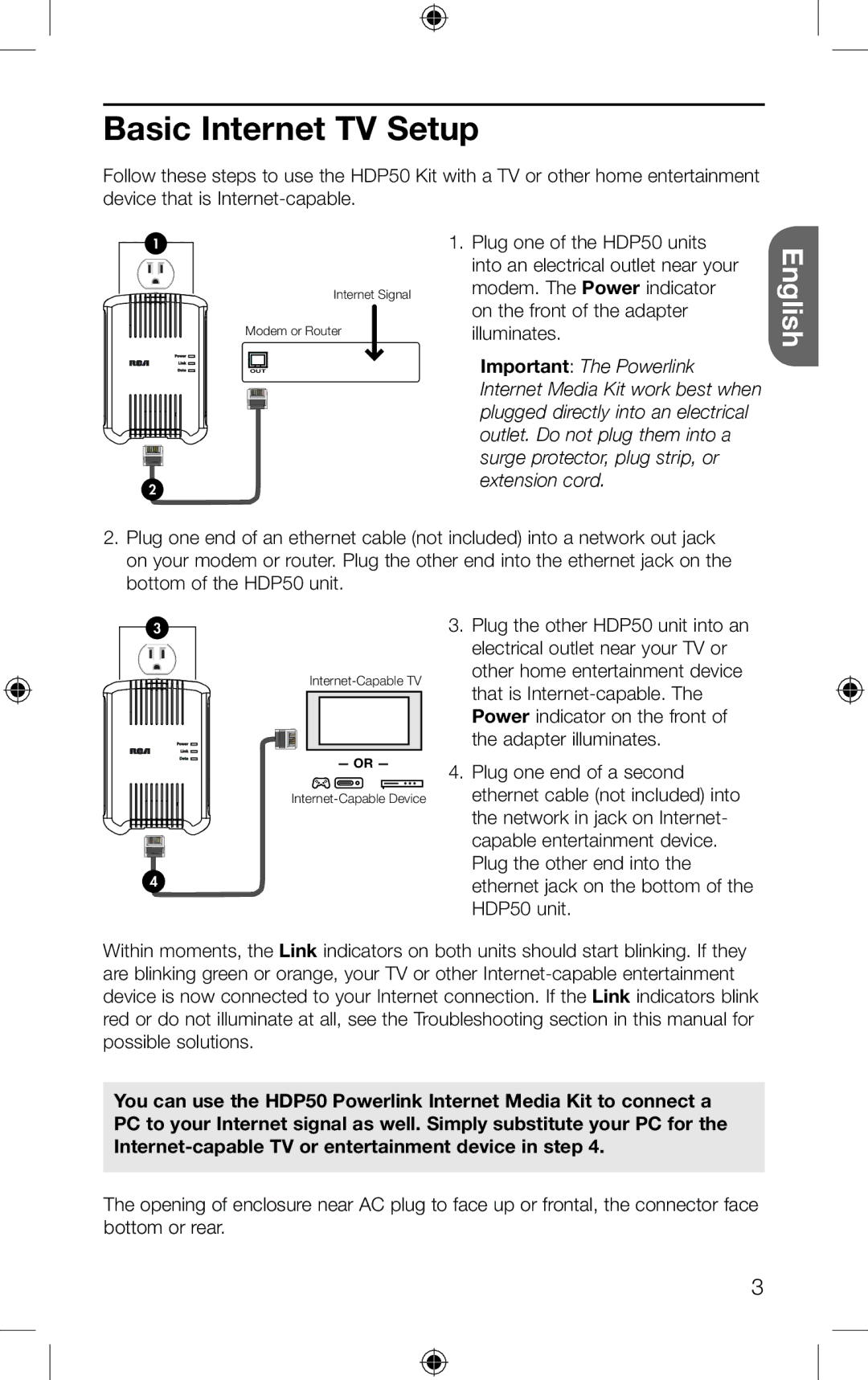 RCA HDP50 setup guide Basic Internet TV Setup, English 