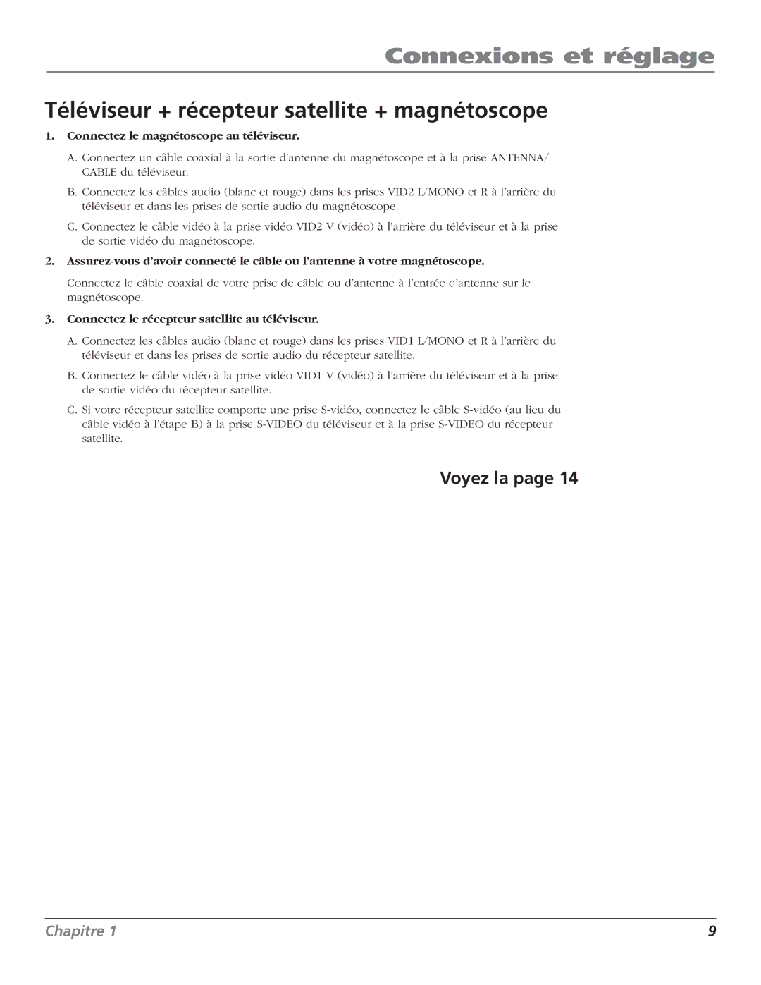 RCA HDTV Television manual Téléviseur + récepteur satellite + magnétoscope, Connectez le récepteur satellite au téléviseur 