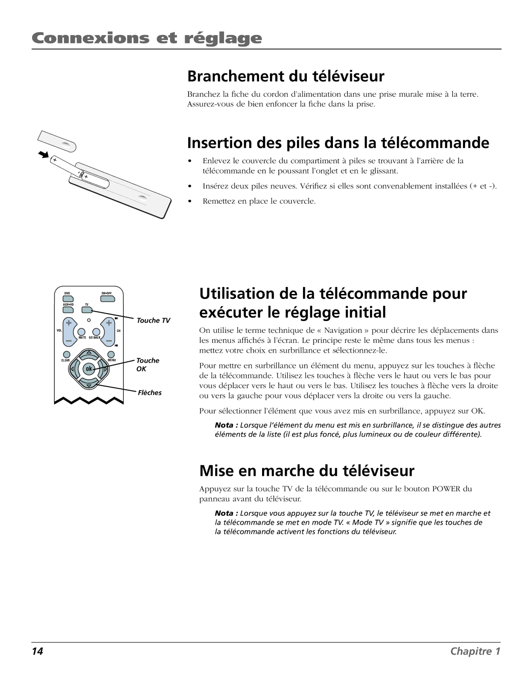 RCA HDTV Television Branchement du téléviseur, Insertion des piles dans la télécommande, Mise en marche du téléviseur 