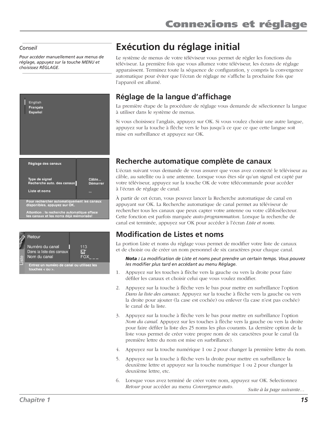 RCA HDTV Television manual Exécution du réglage initial, Réglage de la langue d’affichage, Modification de Listes et noms 