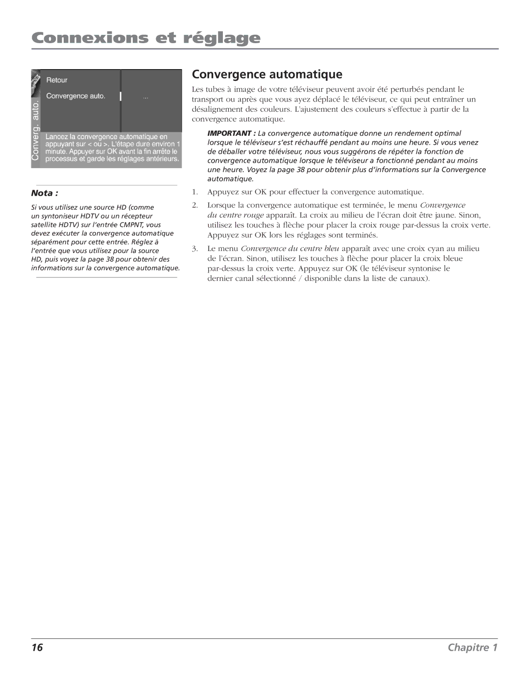 RCA HDTV Television manual Convergence automatique, Nota 