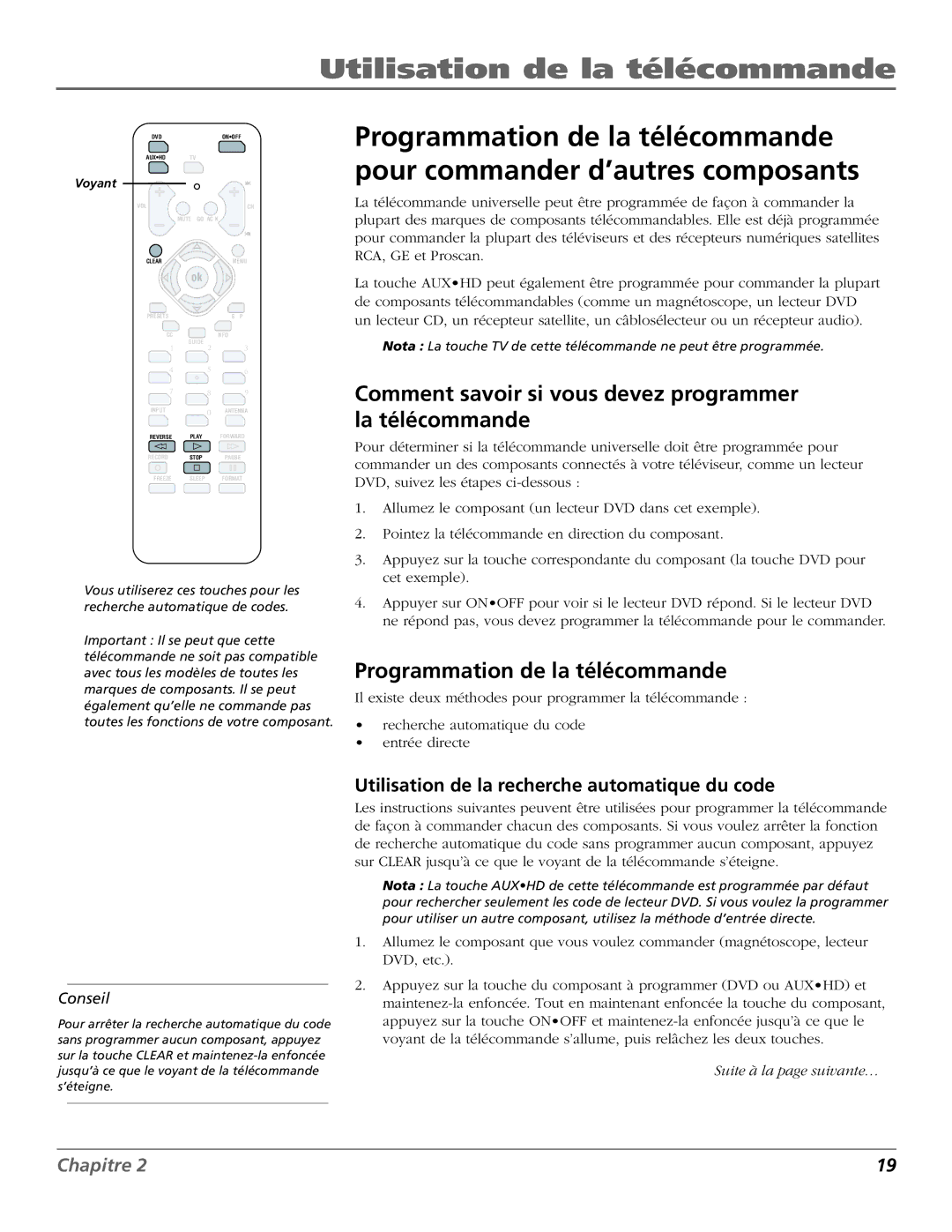 RCA HDTV Television manual Comment savoir si vous devez programmer la télécommande, Programmation de la télécommande 