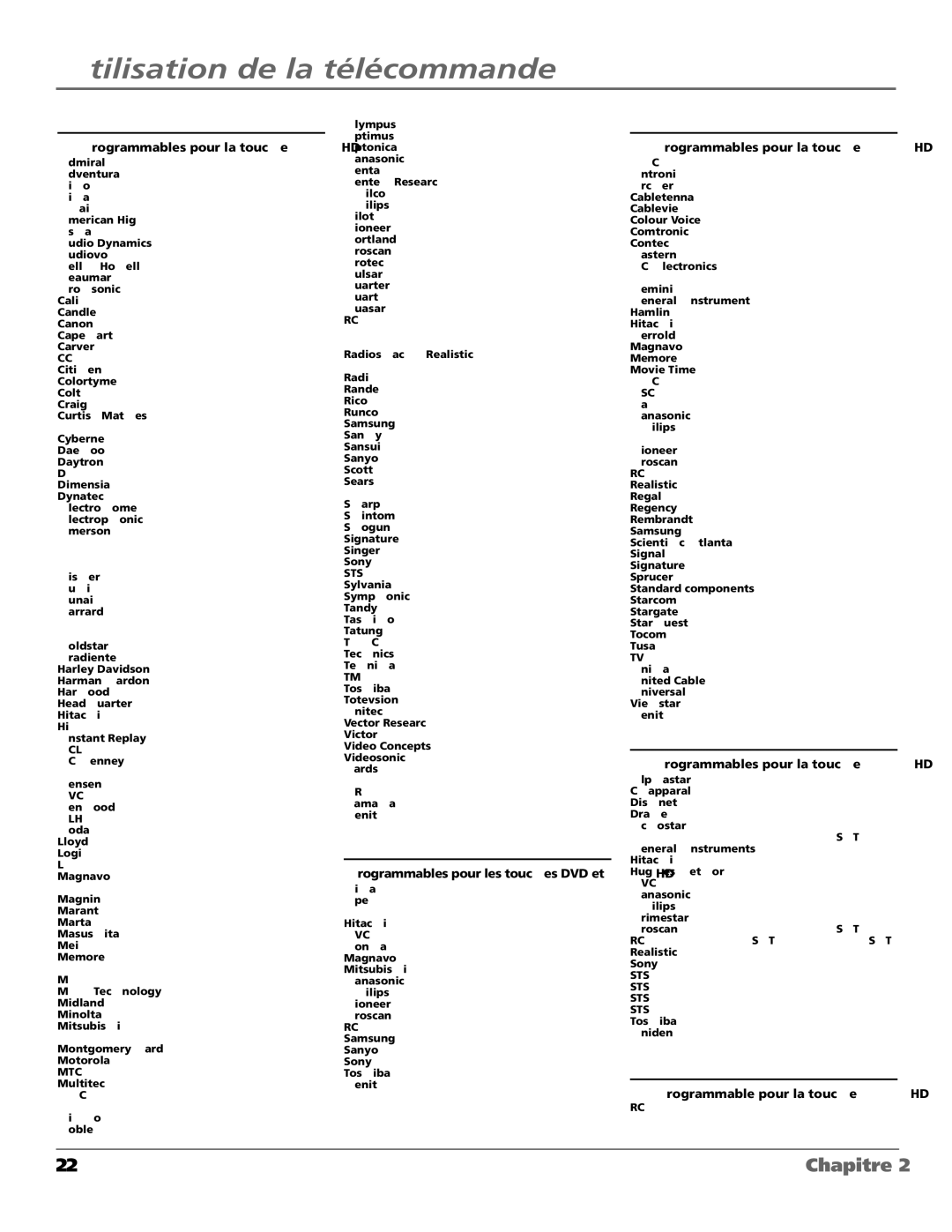 RCA HDTV Television manual Codes pour magnétoscopes, Codes pour lecteurs DVD, Codes pour câblosélecteurs 