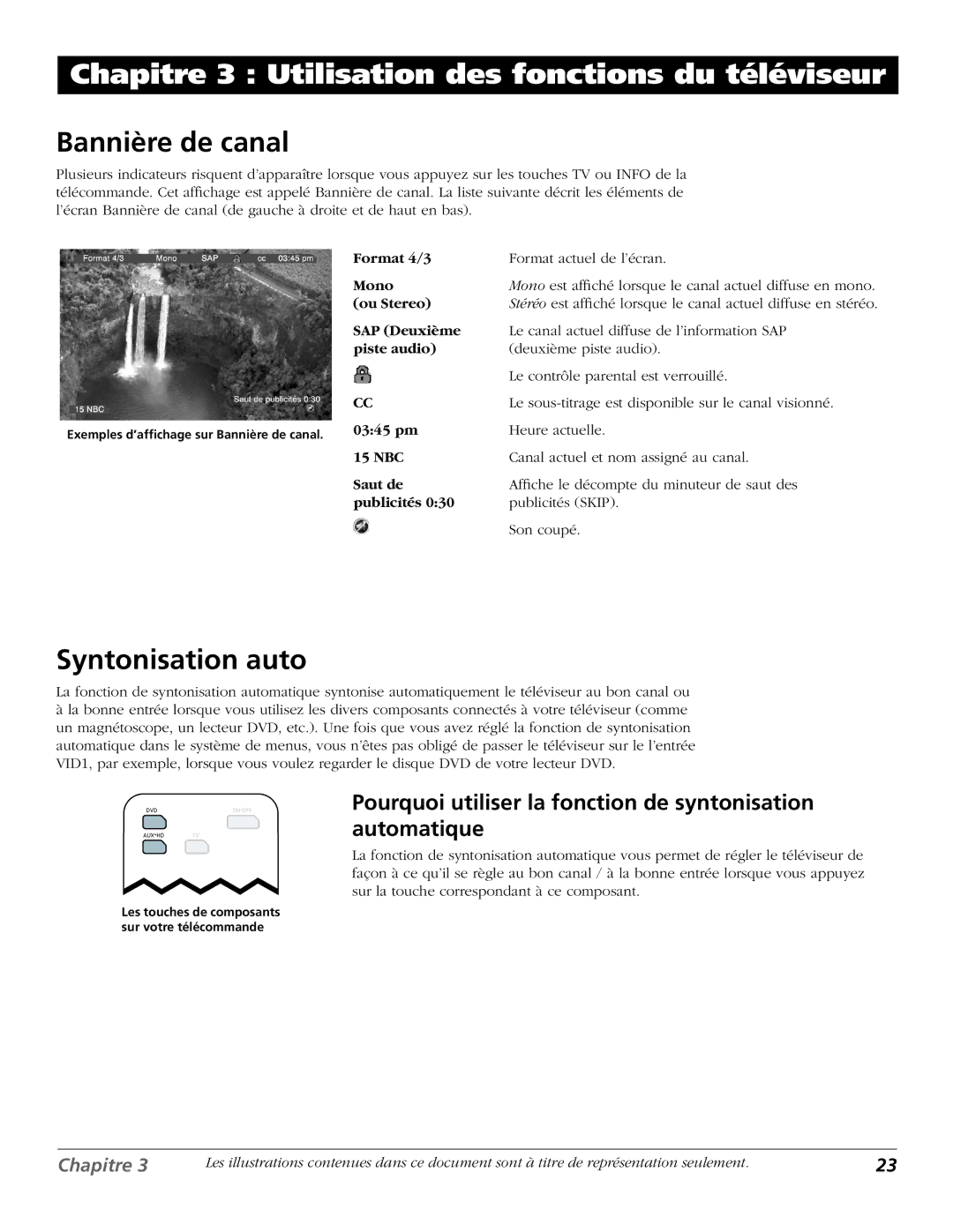 RCA HDTV Television manual Chapitre 3 Utilisation des fonctions du téléviseur, Bannière de canal, Syntonisation auto 