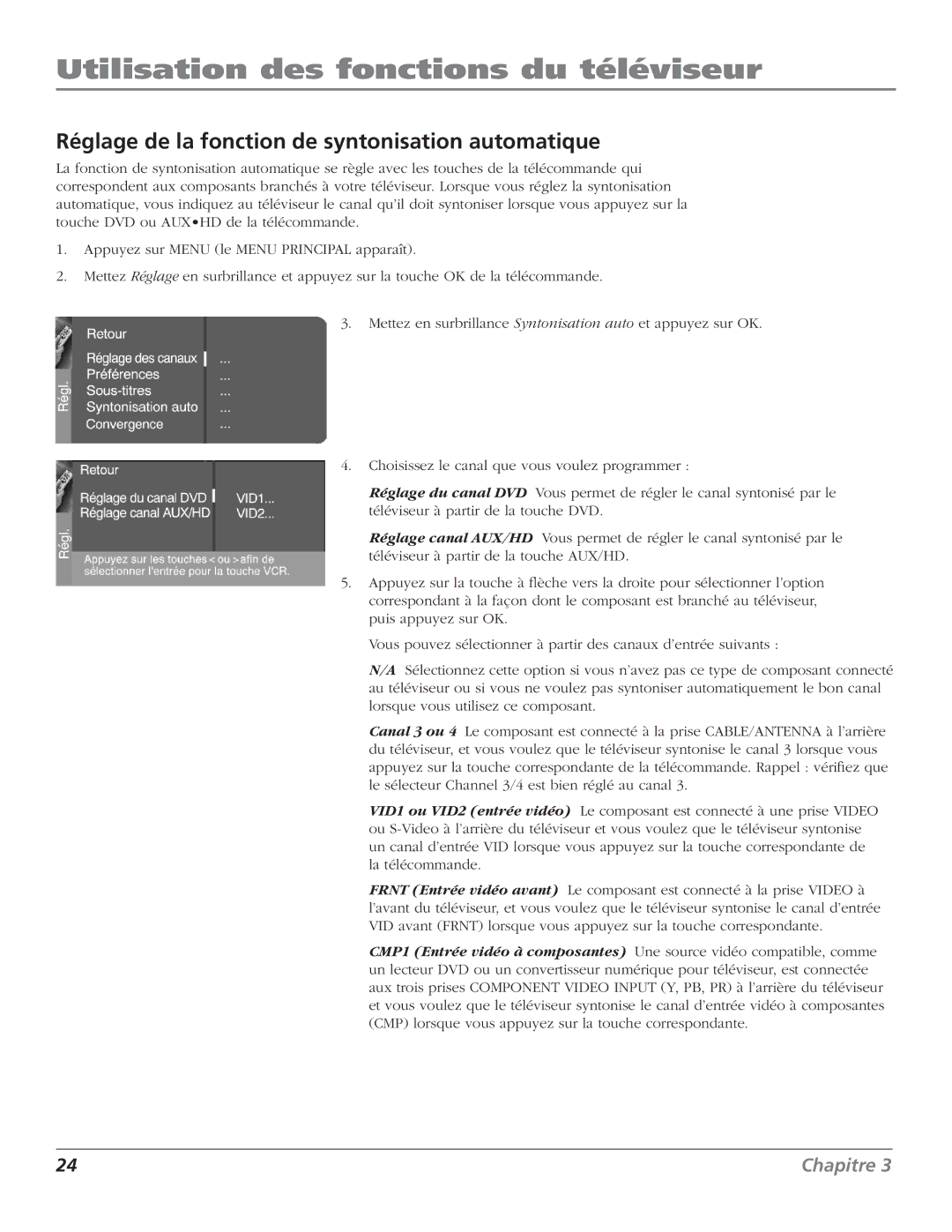 RCA HDTV Television manual Utilisation des fonctions du téléviseur, Réglage de la fonction de syntonisation automatique 