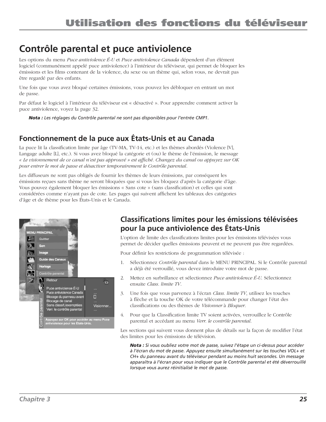 RCA HDTV Television manual Contrôle parental et puce antiviolence, Fonctionnement de la puce aux États-Unis et au Canada 