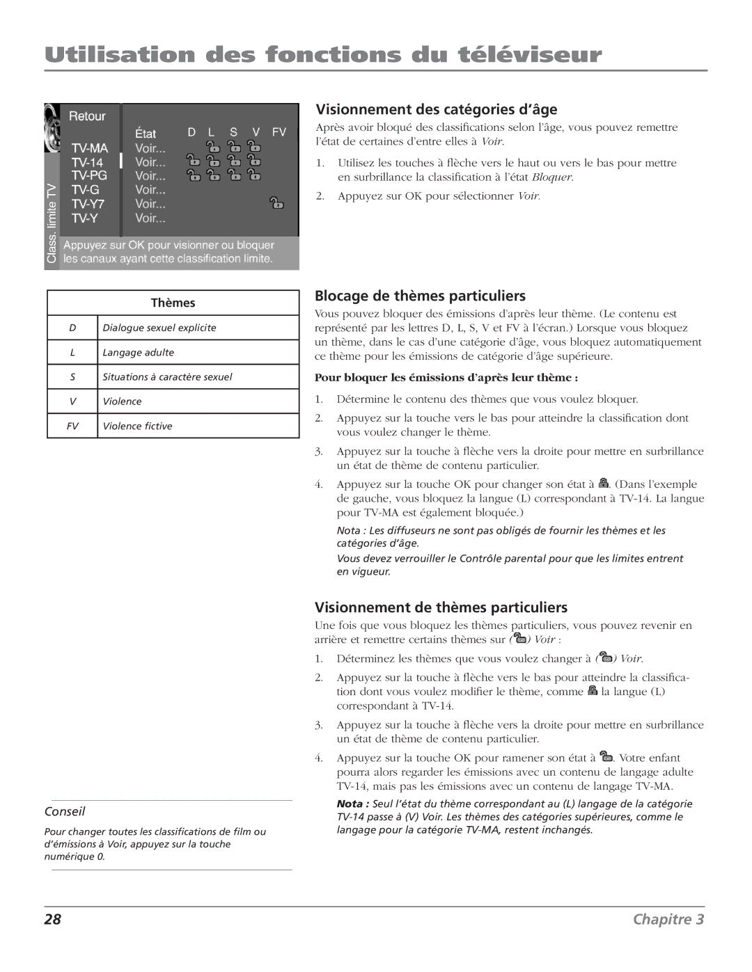 RCA HDTV Television Visionnement des catégories d’âge, Blocage de thèmes particuliers, Visionnement de thèmes particuliers 